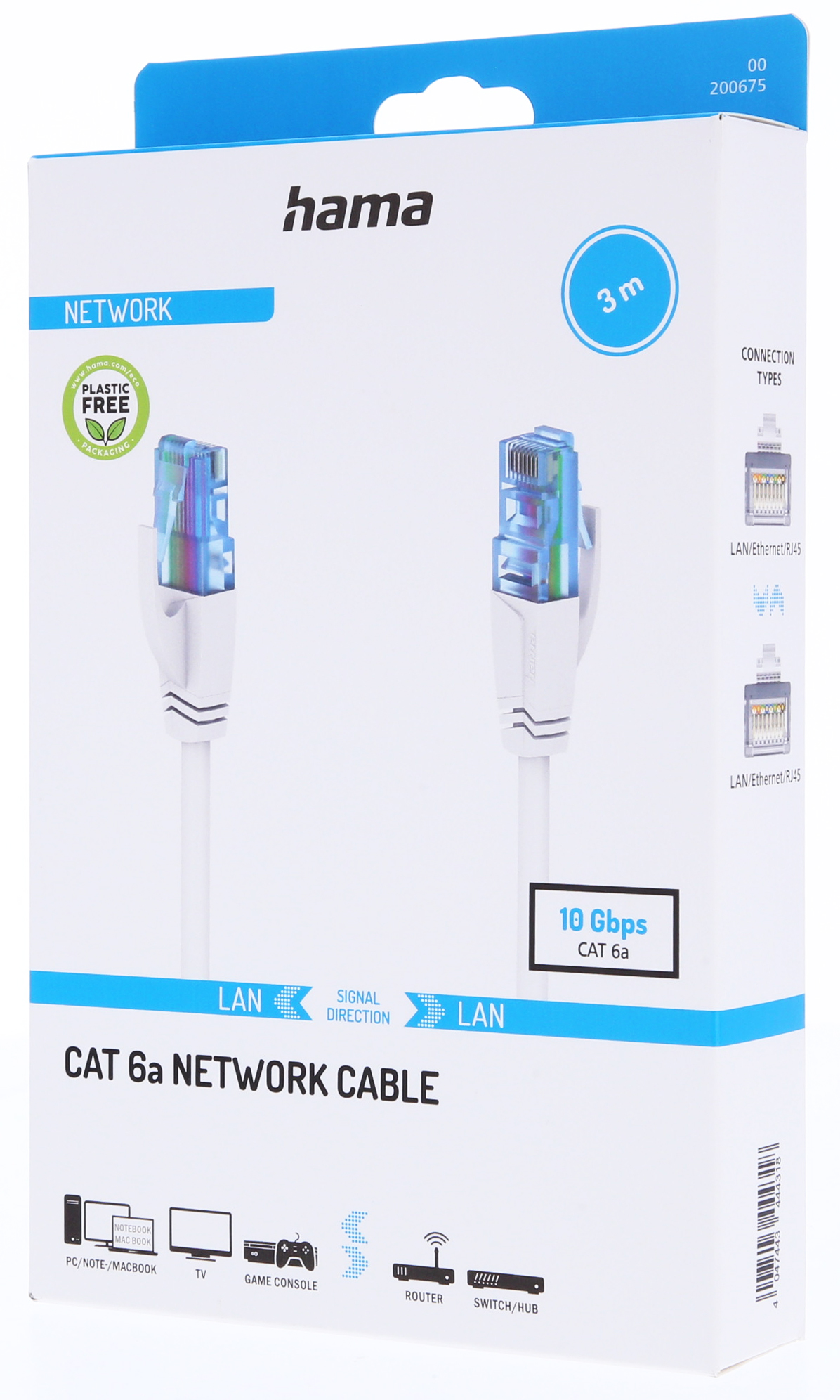 Bir ağ kablosu olan beyaz bir kutu. Kutunun üzerinde 'hama' markası ve 'CAT 6a NETWORK CABLE' yazısı var. Kablonun mavi bir konektörü var.