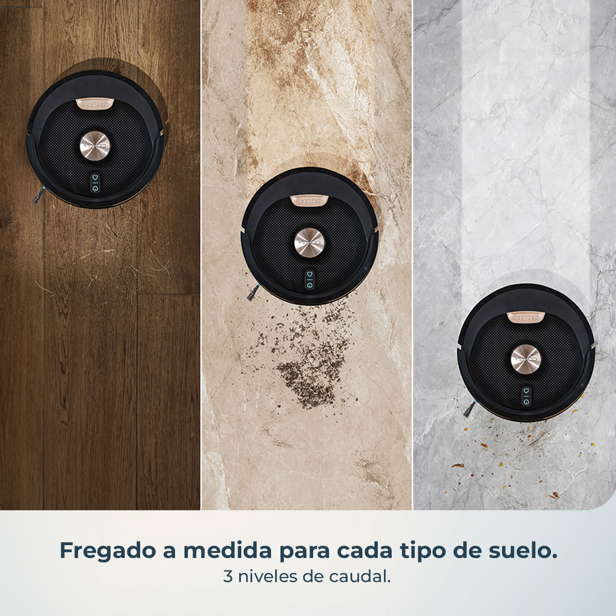 Tres robots aspiradores sobre diferentes tipos de suelo: madera, piedra beige y piedra gris. Texto: 'Fregado a medida para cada tipo de suelo'.