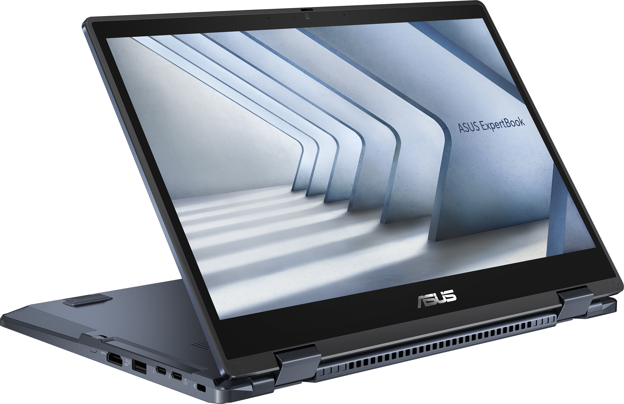 Ein dunkelgraues ASUS ExpertBook-Laptop ist leicht geöffnet und zeigt ein blaues und weißes abstraktes Design auf dem Bildschirm.