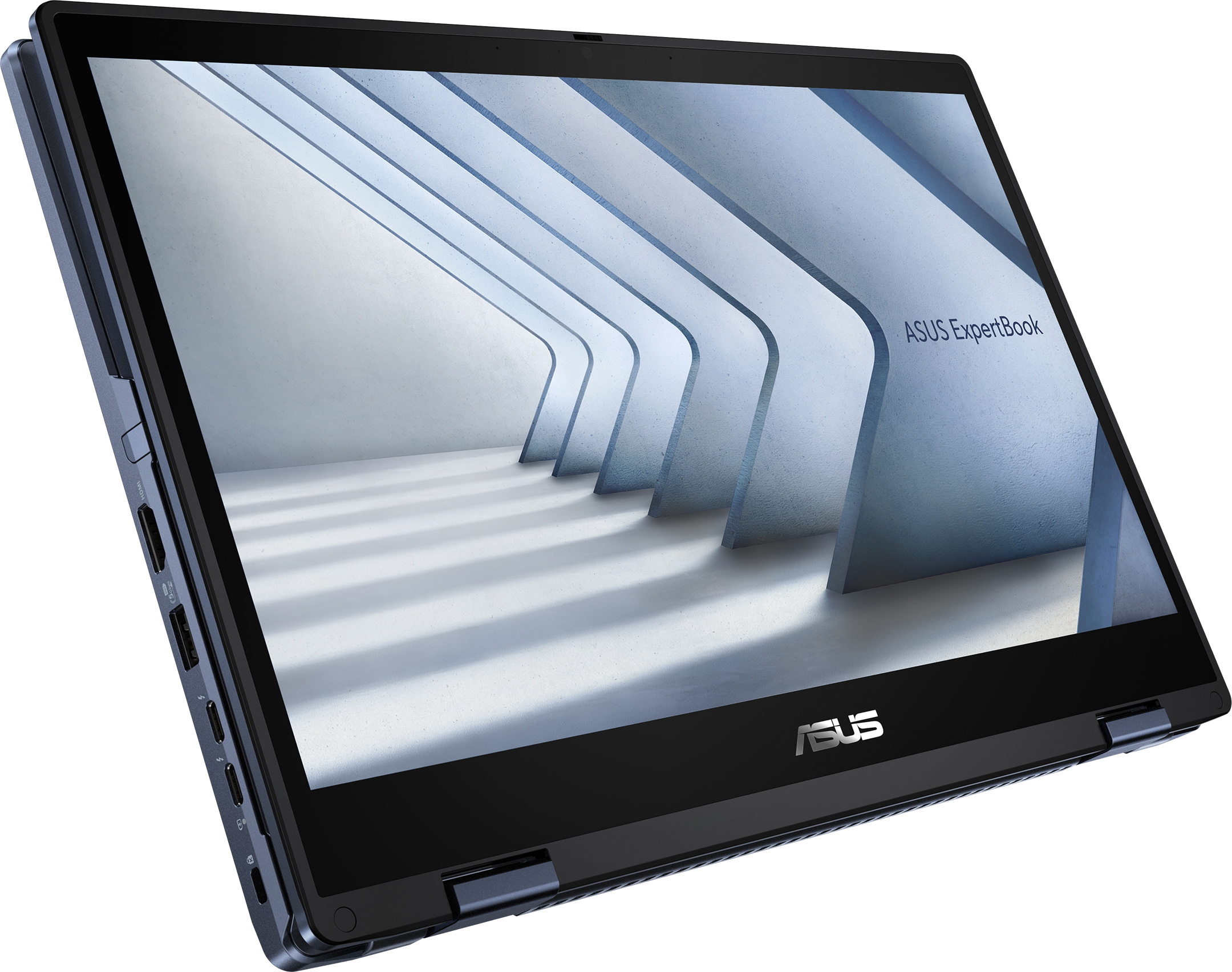 Laptop mit Bildschirm, der ein abstraktes architektonisches Design zeigt. Der Laptop ist angewinkelt, mit Anschlüssen an der Seite.