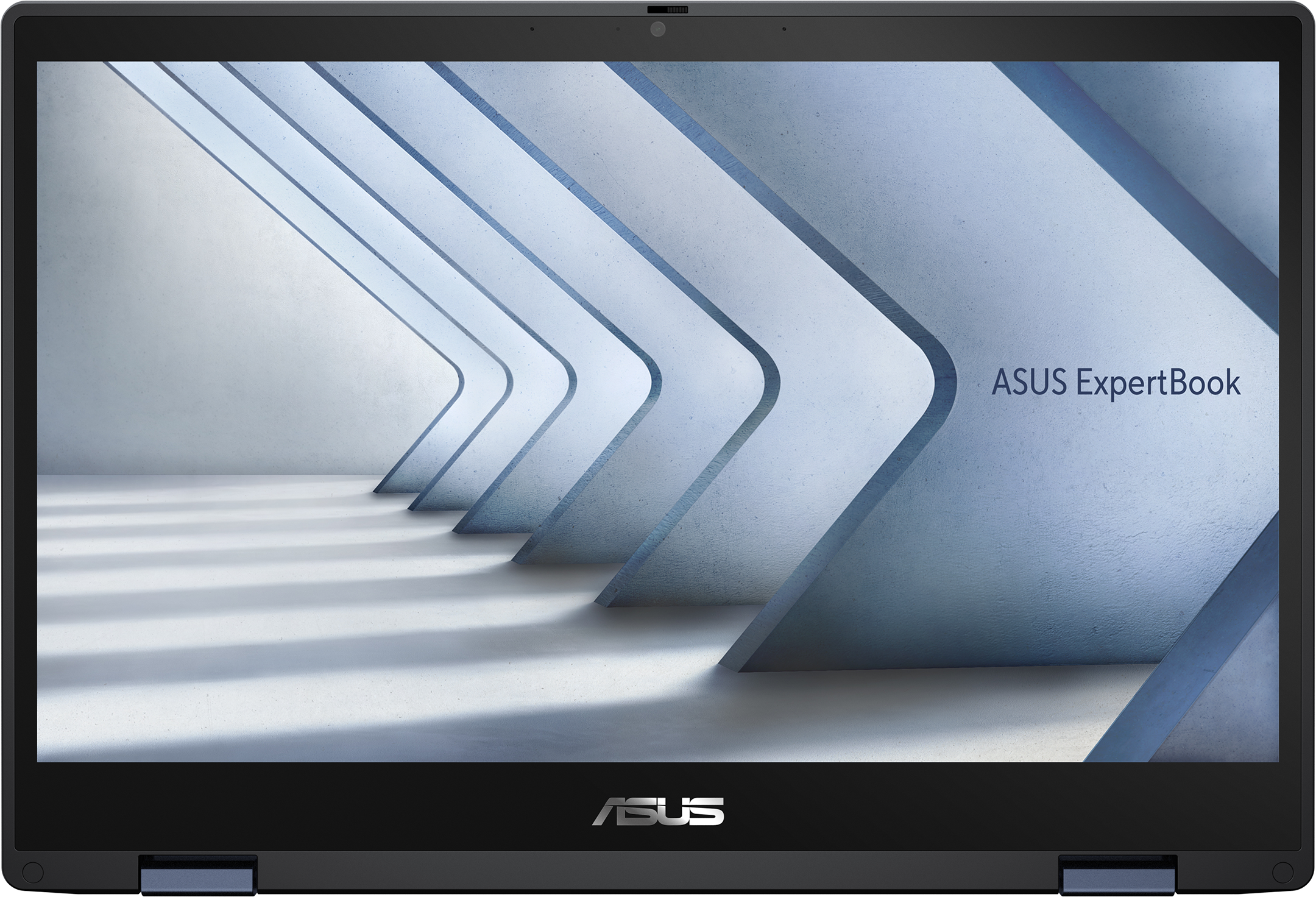 Laptop-Bildschirm mit abstraktem Architekturdesign und ASUS ExpertBook-Text. Weiße und blaue Töne dominieren das Bild.