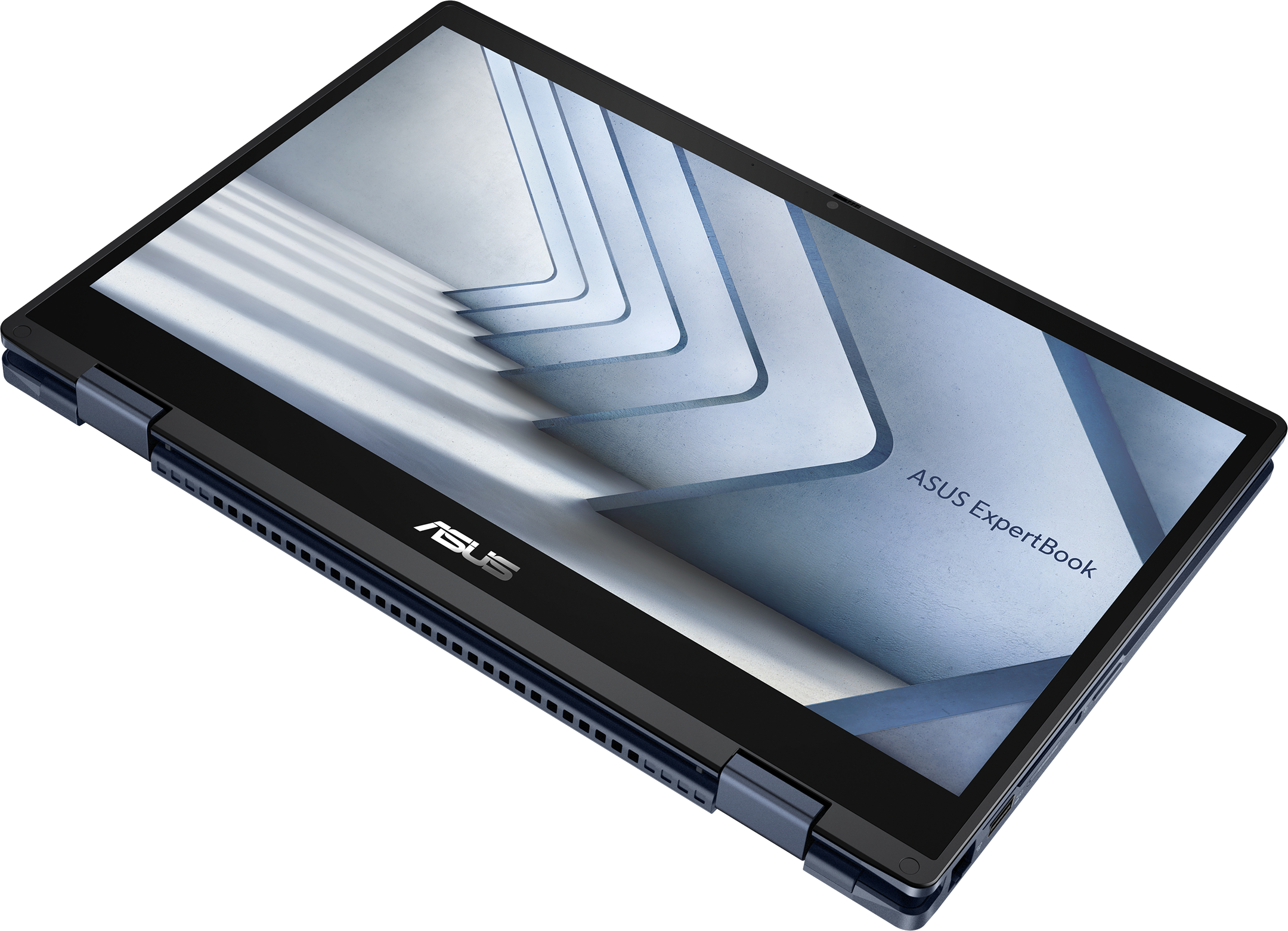 Ein ASUS ExpertBook Laptop, teilweise geöffnet, schräge Ansicht. Display zeigt abstraktes Design. Schwarzer Rahmen, blau-graues Gehäuse.