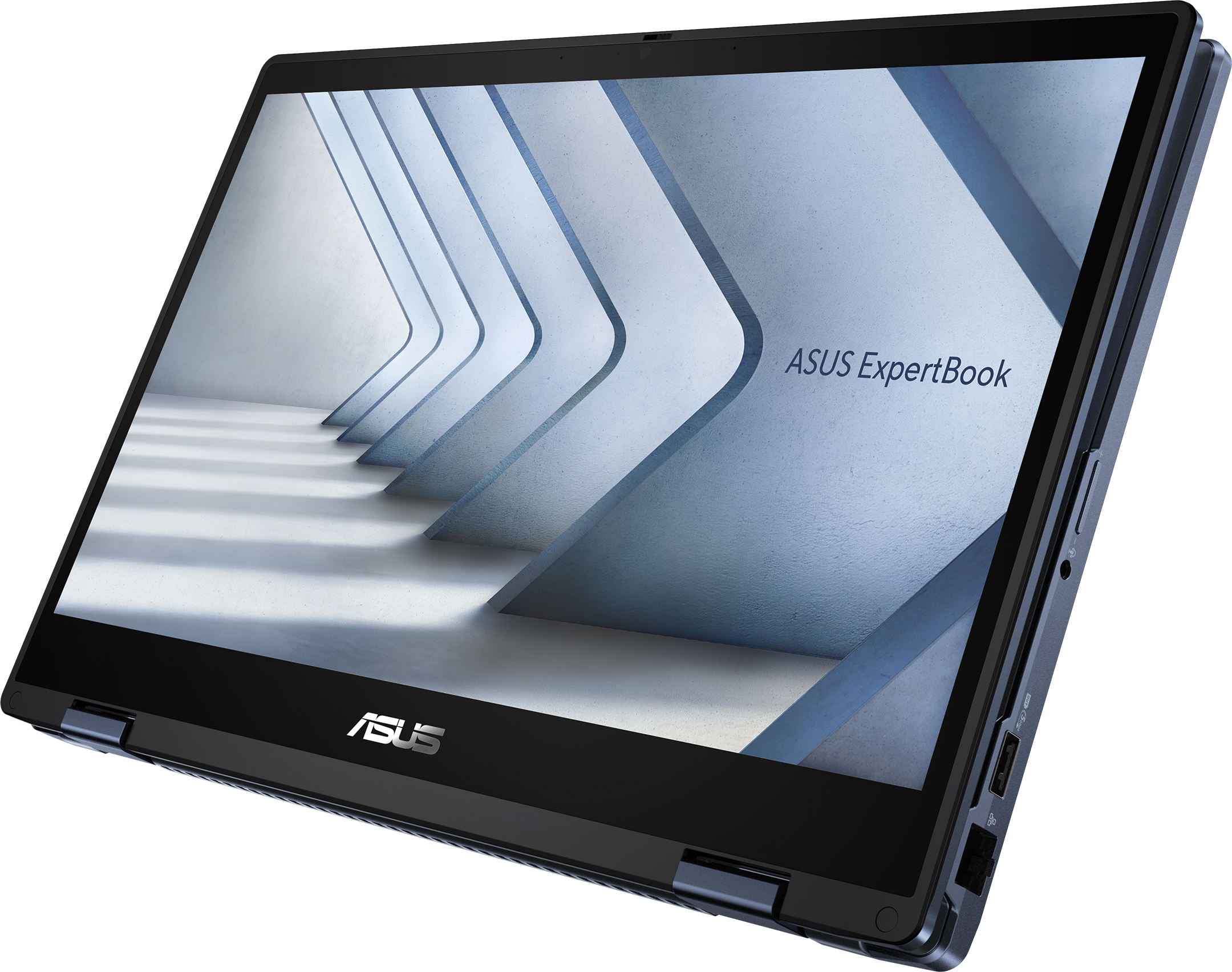 Asus ExpertBook Laptop, Bildschirm mit blauem Architekturdesign. Schwarzer Rahmen, silbernes Asus-Logo.