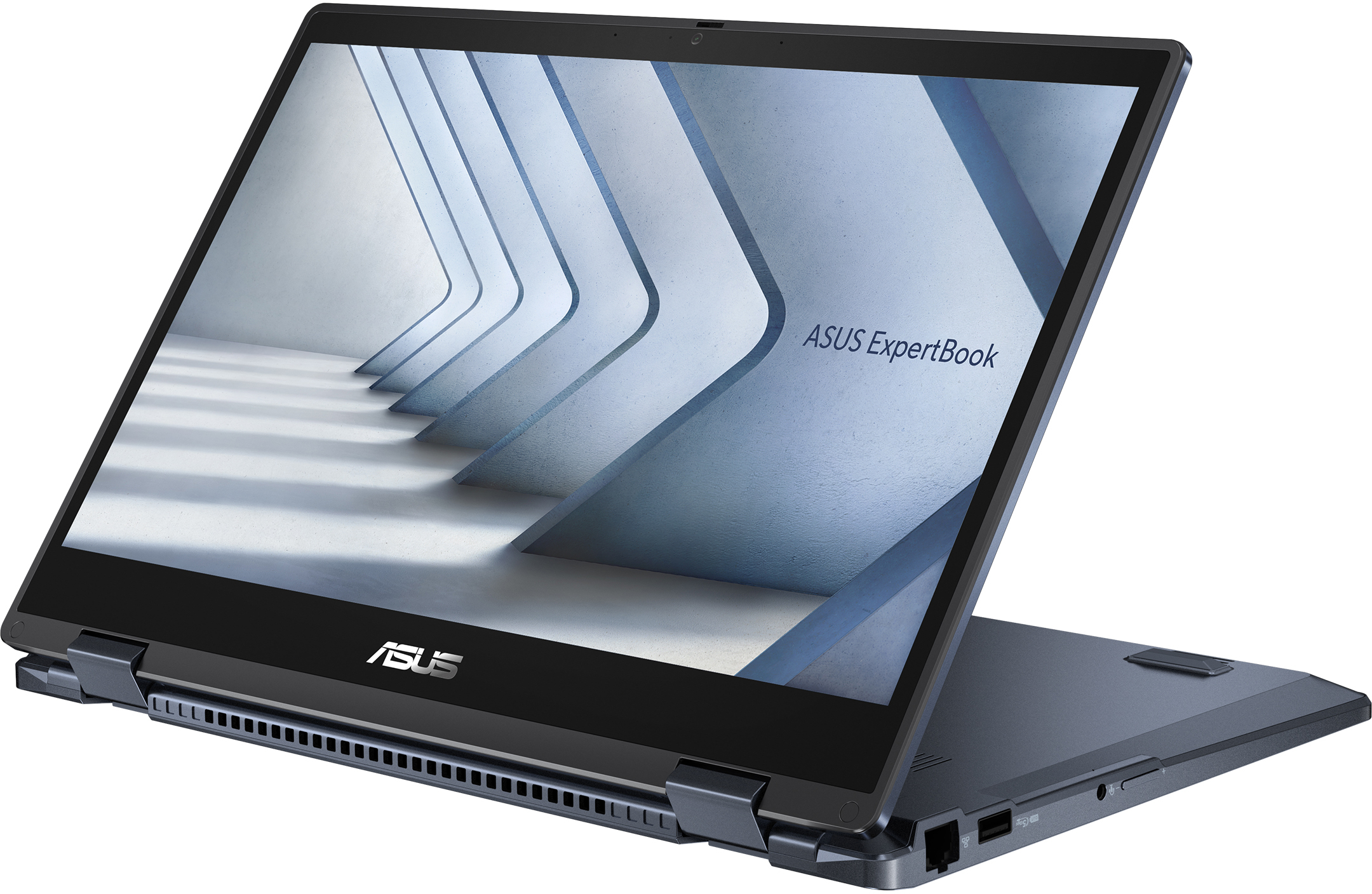 Offener ASUS ExpertBook Laptop. Bildschirm zeigt abstraktes Design. Schwarzer Rahmen, silbernes Gehäuse, ASUS-Logo sichtbar.