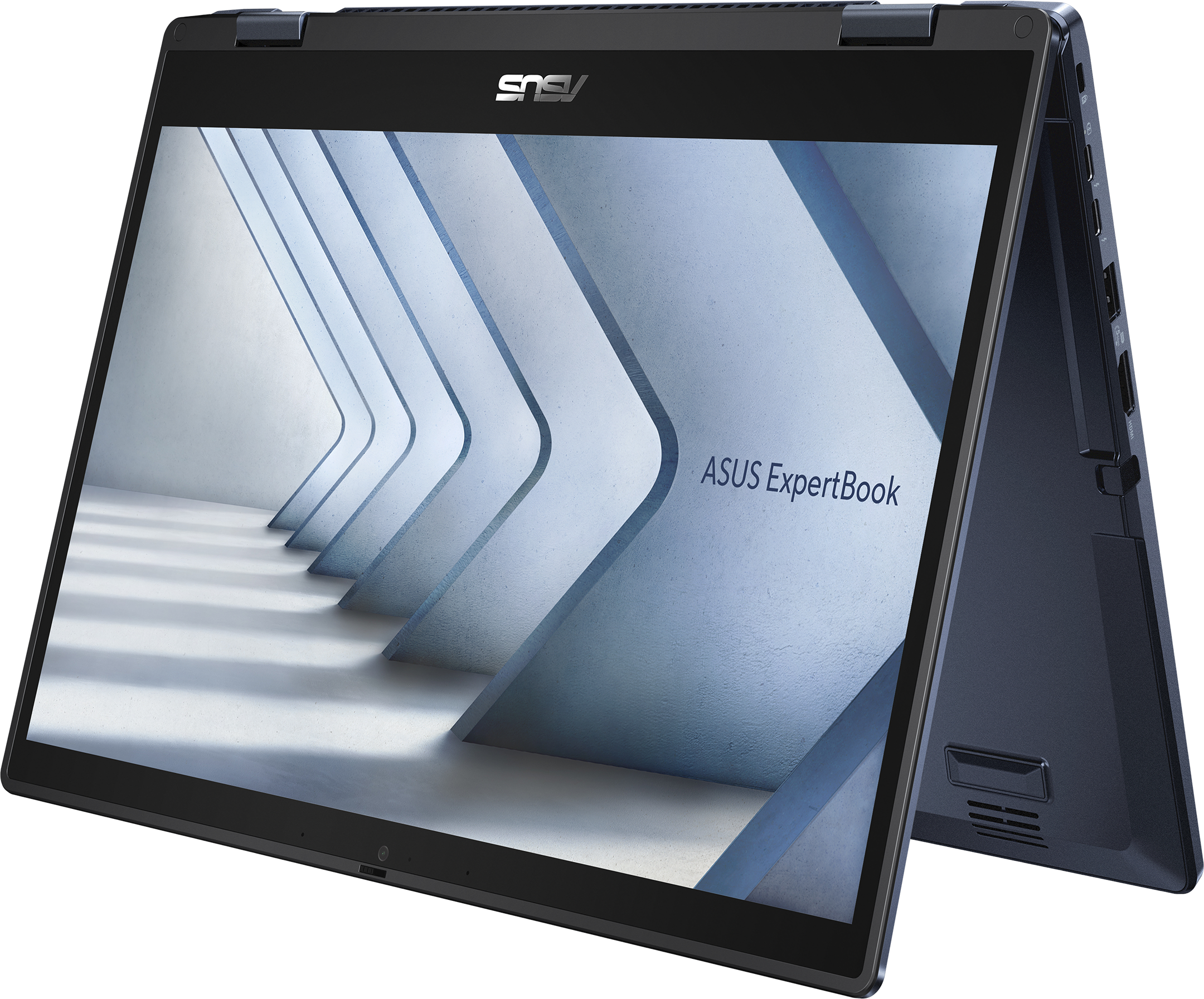 Laptop in 3/4-Ansicht, mit geöffnetem Bildschirm. Der Bildschirm zeigt ein abstraktes Design mit dem ASUS ExpertBook-Logo.