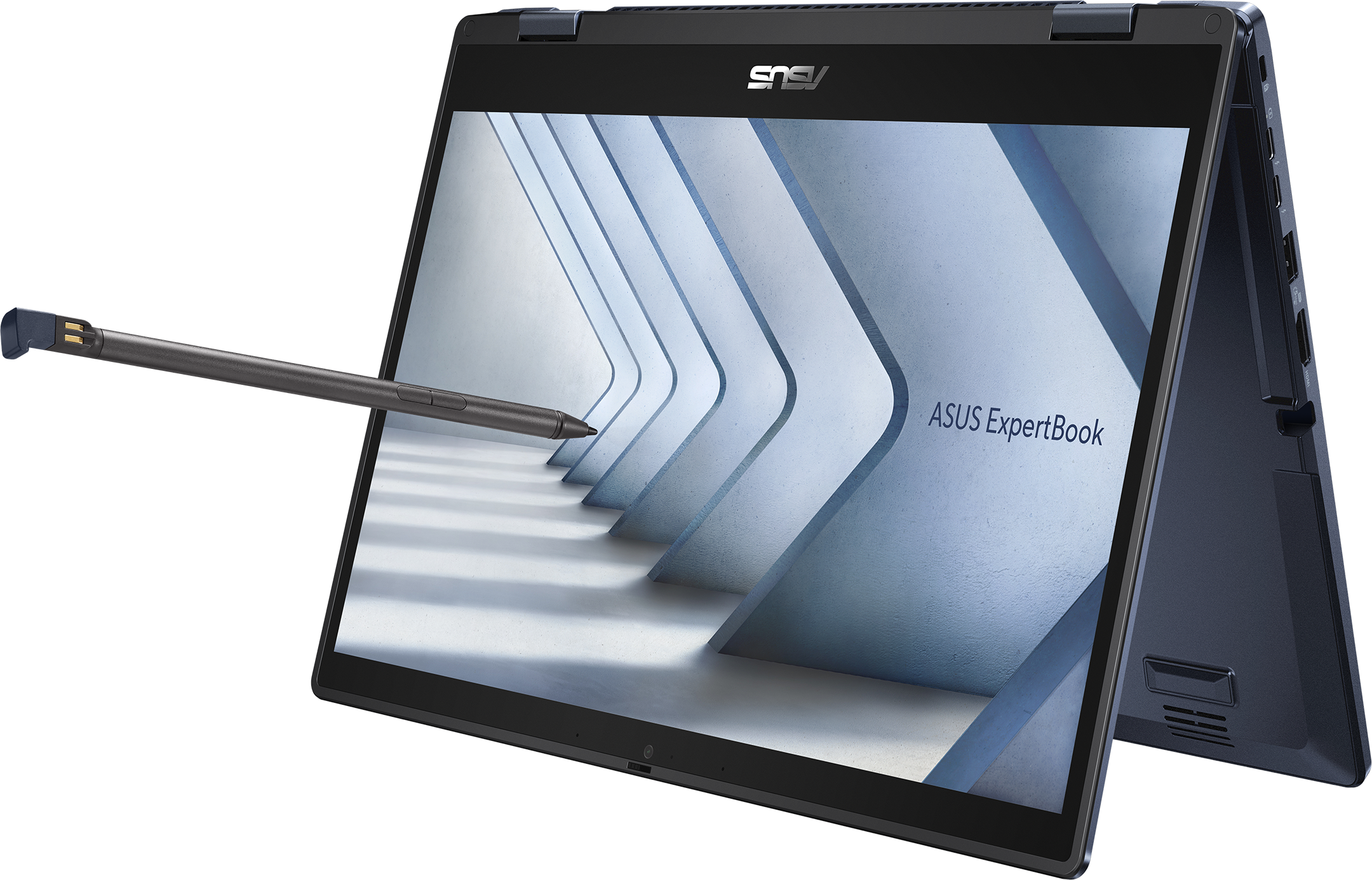 Laptop mit Stift. Der Bildschirm zeigt ein modernes architektonisches Design. Der Laptop ist geöffnet, der Stift zeigt auf den Bildschirm.