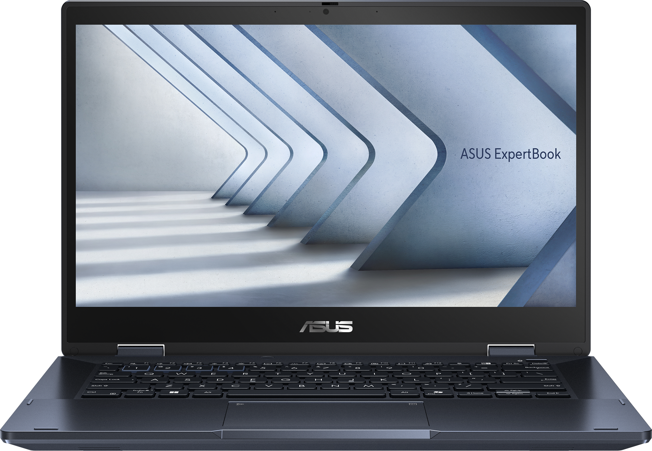 Ein dunkelgraues ASUS ExpertBook-Laptop ist geöffnet und zeigt ein abstraktes, hellblaues und weißes Innendesign. Die Tastatur ist sichtbar.
