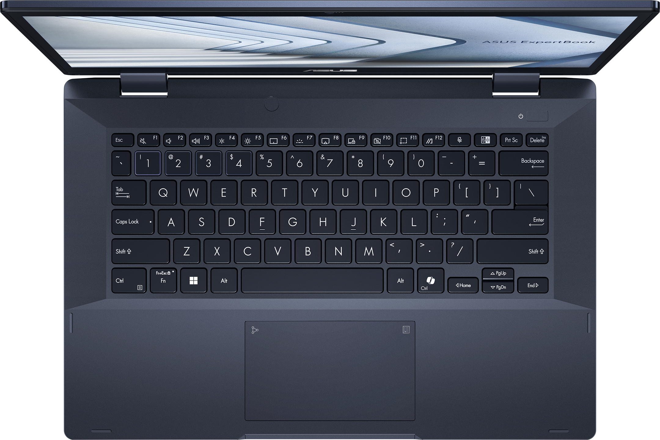 Draufsicht auf einen dunkelblauen Laptop mit offenem Bildschirm. Tastatur und Touchpad sind sichtbar. ASUS ExpertBook ist auf dem Bildschirm.