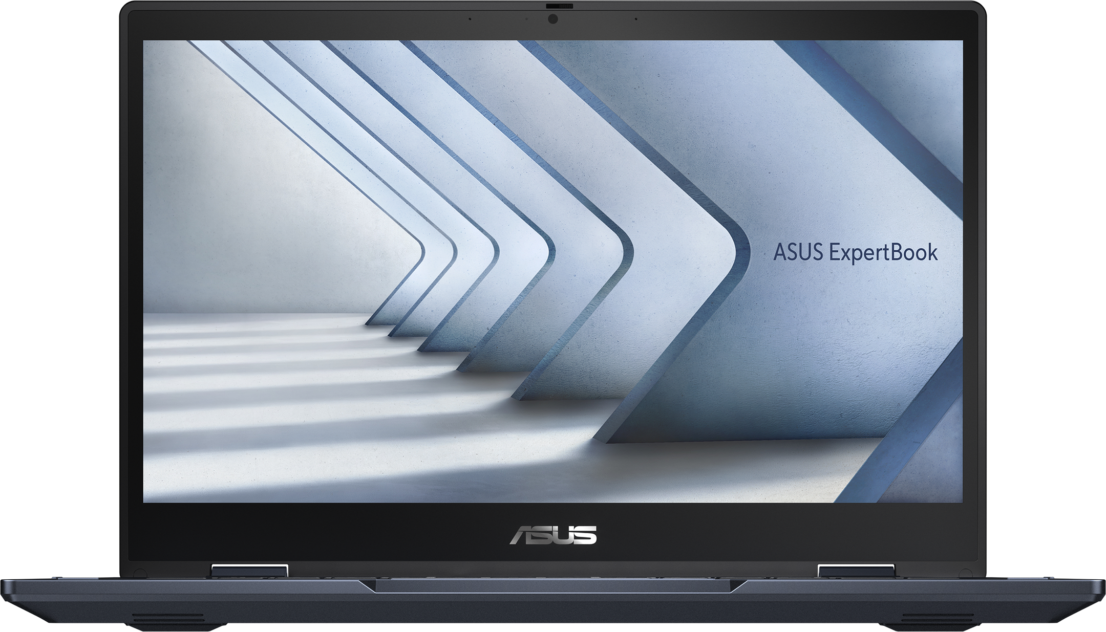 Offener ASUS ExpertBook Laptop. Der Bildschirm zeigt ein hellblaues abstraktes Design. ASUS-Logo unten.