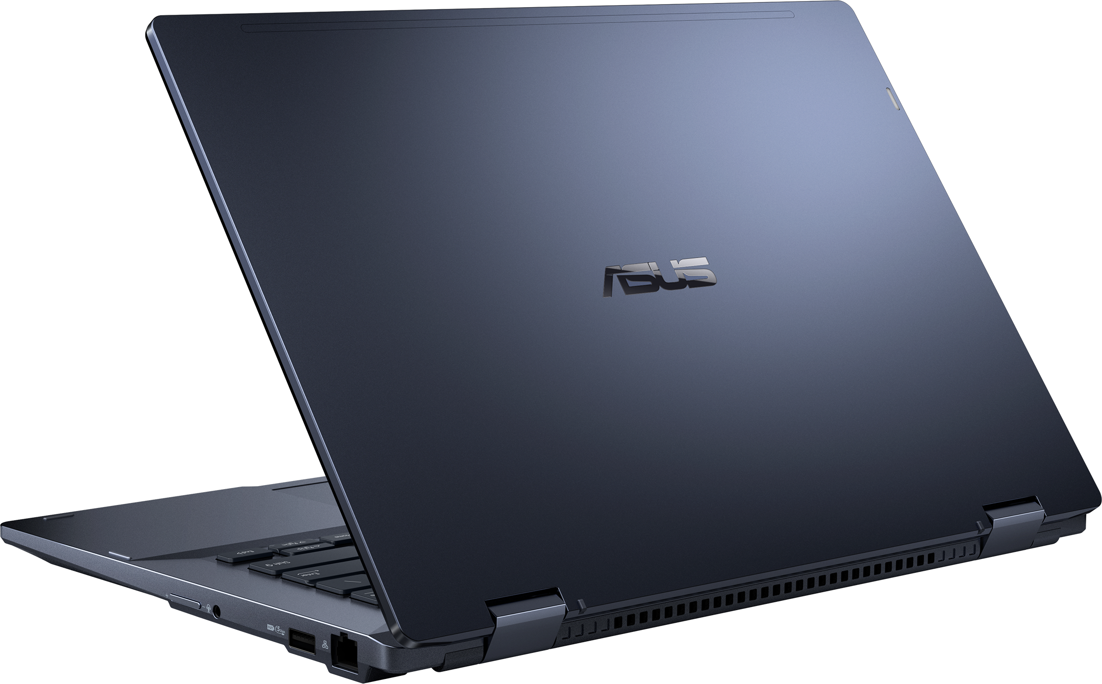 Dunkelblauer ASUS-Laptop in geöffneter Position. Tastatur sichtbar, ASUS-Logo auf dem Deckel. Hintergrund mit vertikalen Linien.