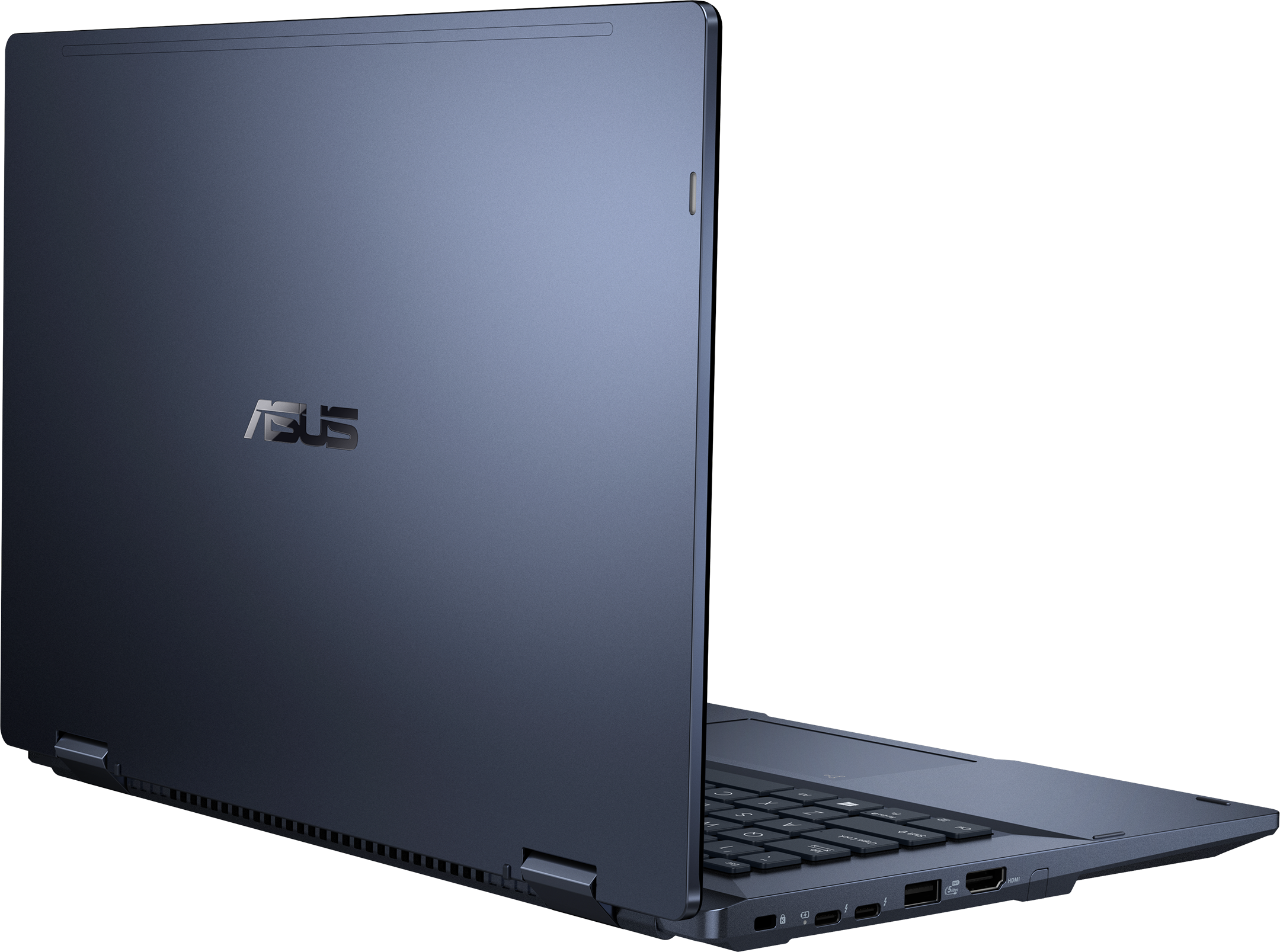 Dunkelblauer Laptop, teilweise geöffnet, Tastatur und Anschlüsse sichtbar. ASUS-Logo. Grauer Hintergrund.