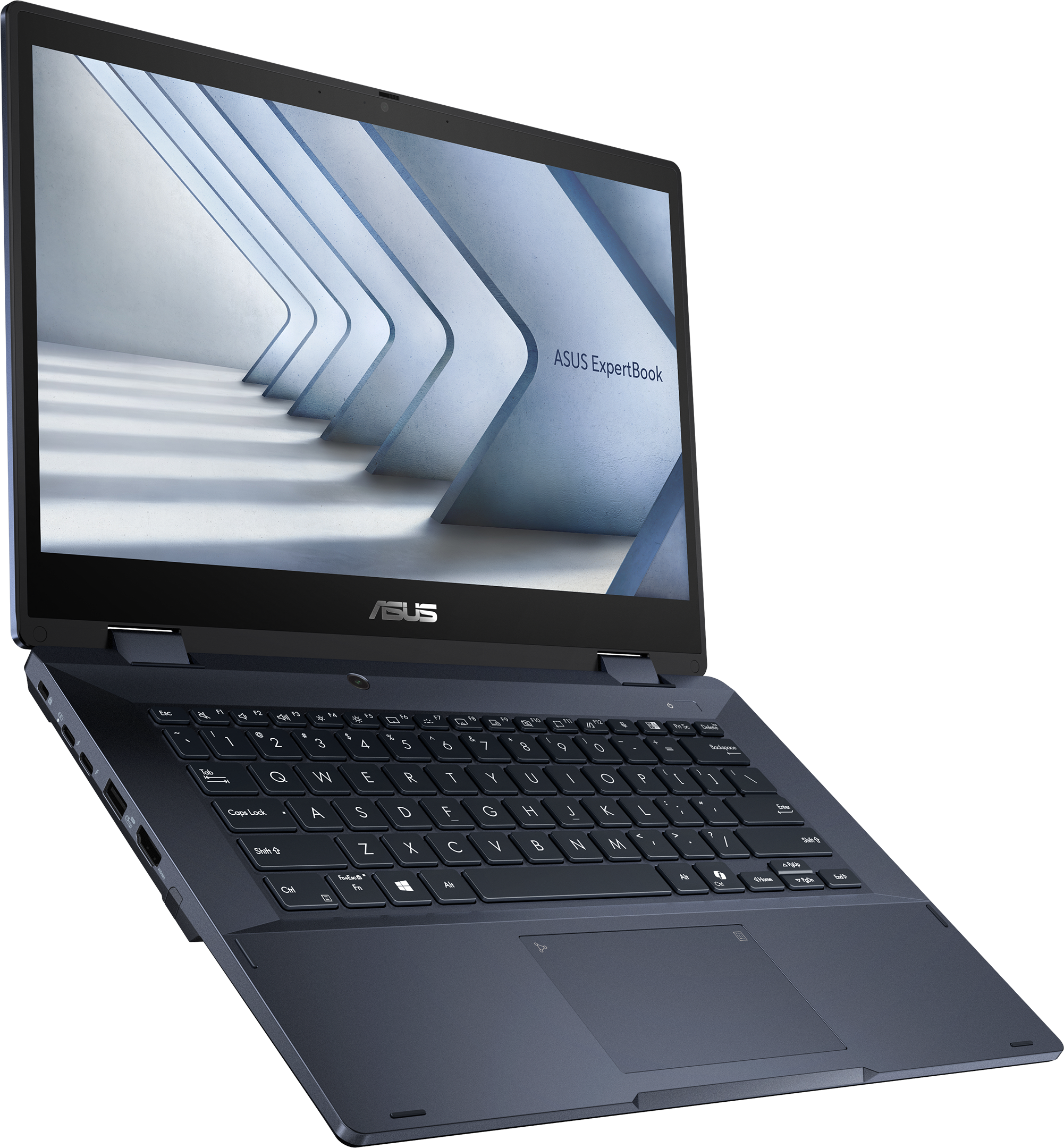 Dunkelblauer Laptop mit geöffnetem Bildschirm, der einen weißen und grauen geometrischen Hintergrund zeigt. Die Tastatur ist sichtbar.