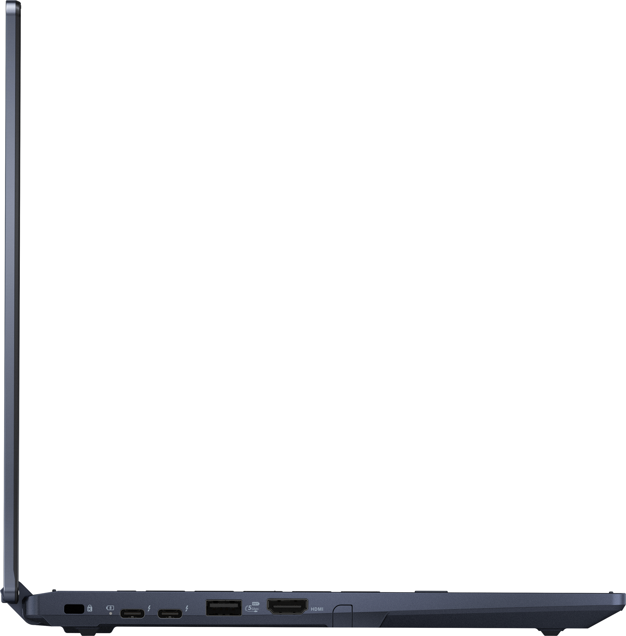 Seitenansicht eines dunkelblauen Laptops mit Anschlüssen. Der Hintergrund ist ein vertikal gestreiftes Muster aus Grau, Dunkelgrau und Gelbgrün.
