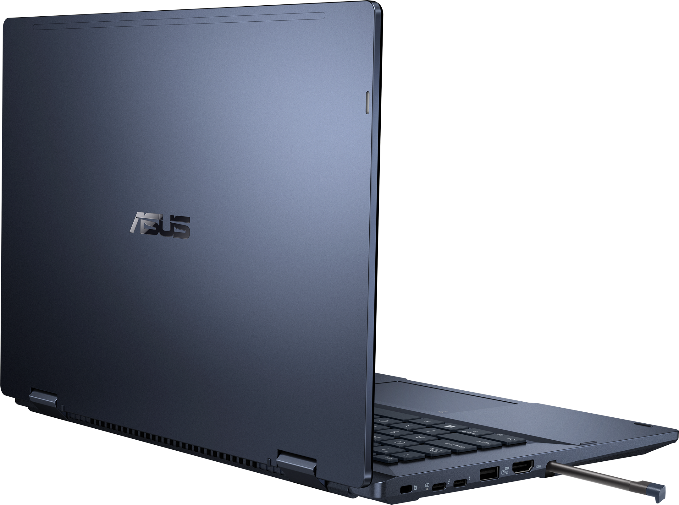 Ein dunkelblauer ASUS-Laptop ist geöffnet und zeigt die Tastatur. Der Bildschirm ist in einem Winkel geöffnet. Das Logo befindet sich auf dem Deckel.