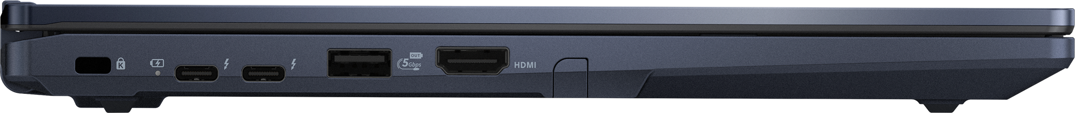 Seitenansicht eines dunkelblauen Laptops mit Anschlüssen wie USB-C, HDMI und USB. Der Laptop ist geschlossen.
