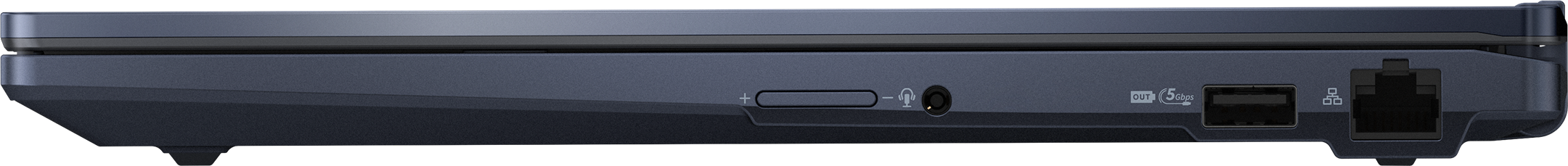 Seitenansicht eines dunkelblauen Laptop-Bodens mit Anschlüssen, einschließlich Audio, USB und Netzwerk.