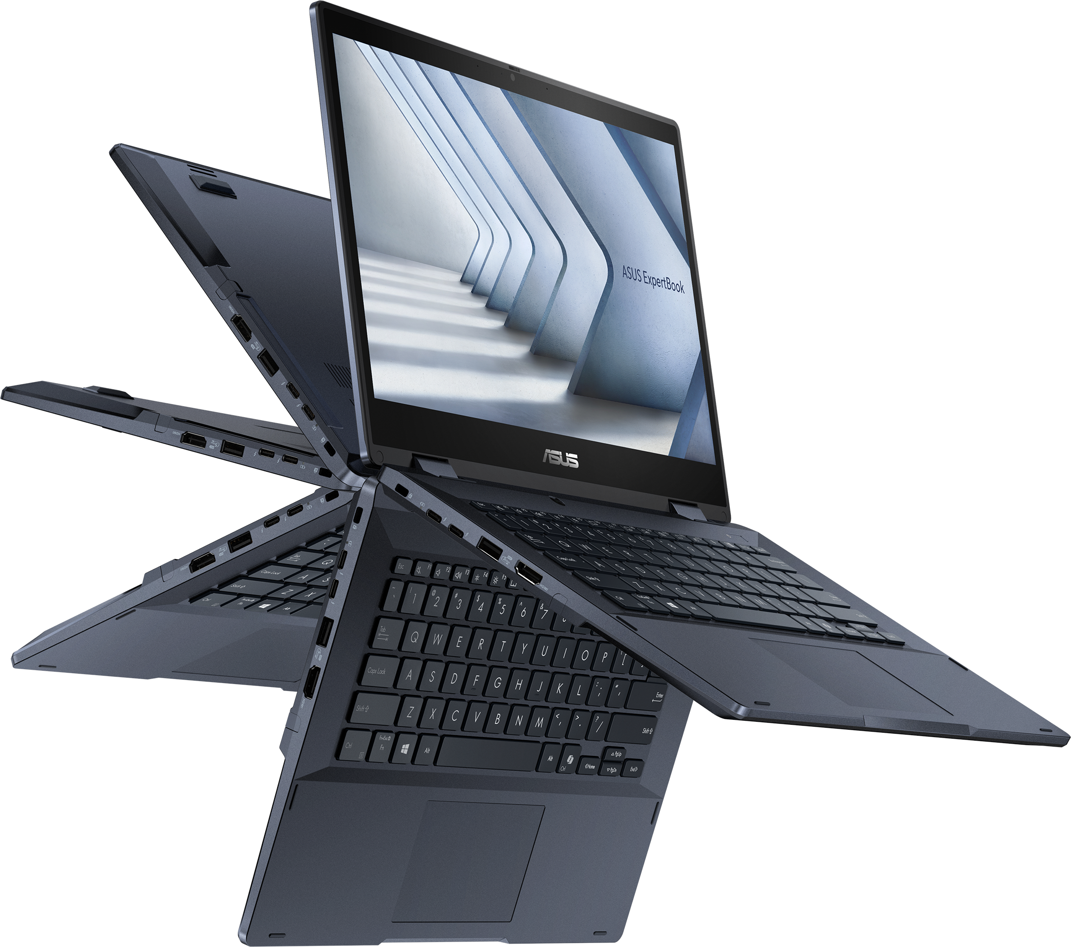 Ein dunkelblaues ASUS ExpertBook-Laptop ist geöffnet und zeigt Tastatur und Bildschirm mit einem weißen Hintergrunddesign.