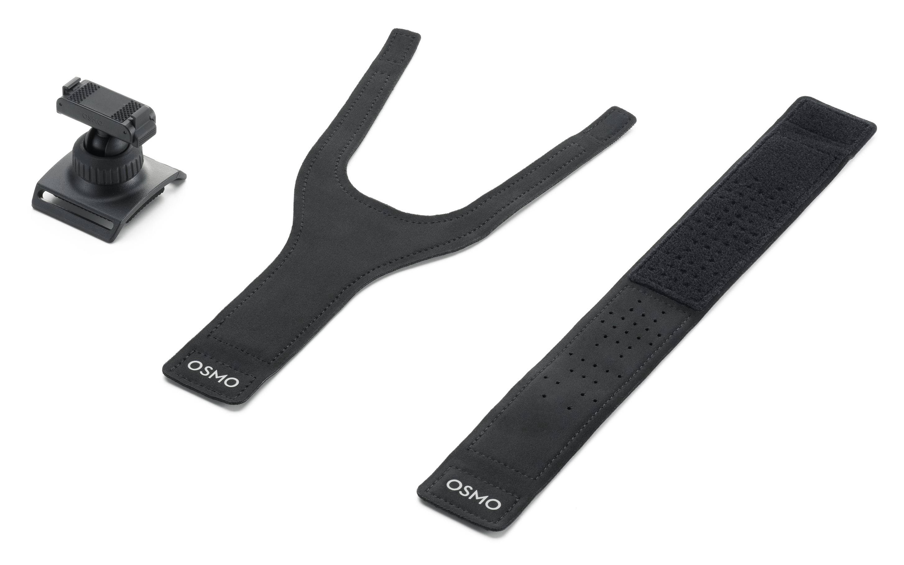 Czarny uchwyt i paski do kamery Osmo na białym tle. Zawiera uchwyt do kamery, pasek w kształcie litery Y i pasek na rzep.