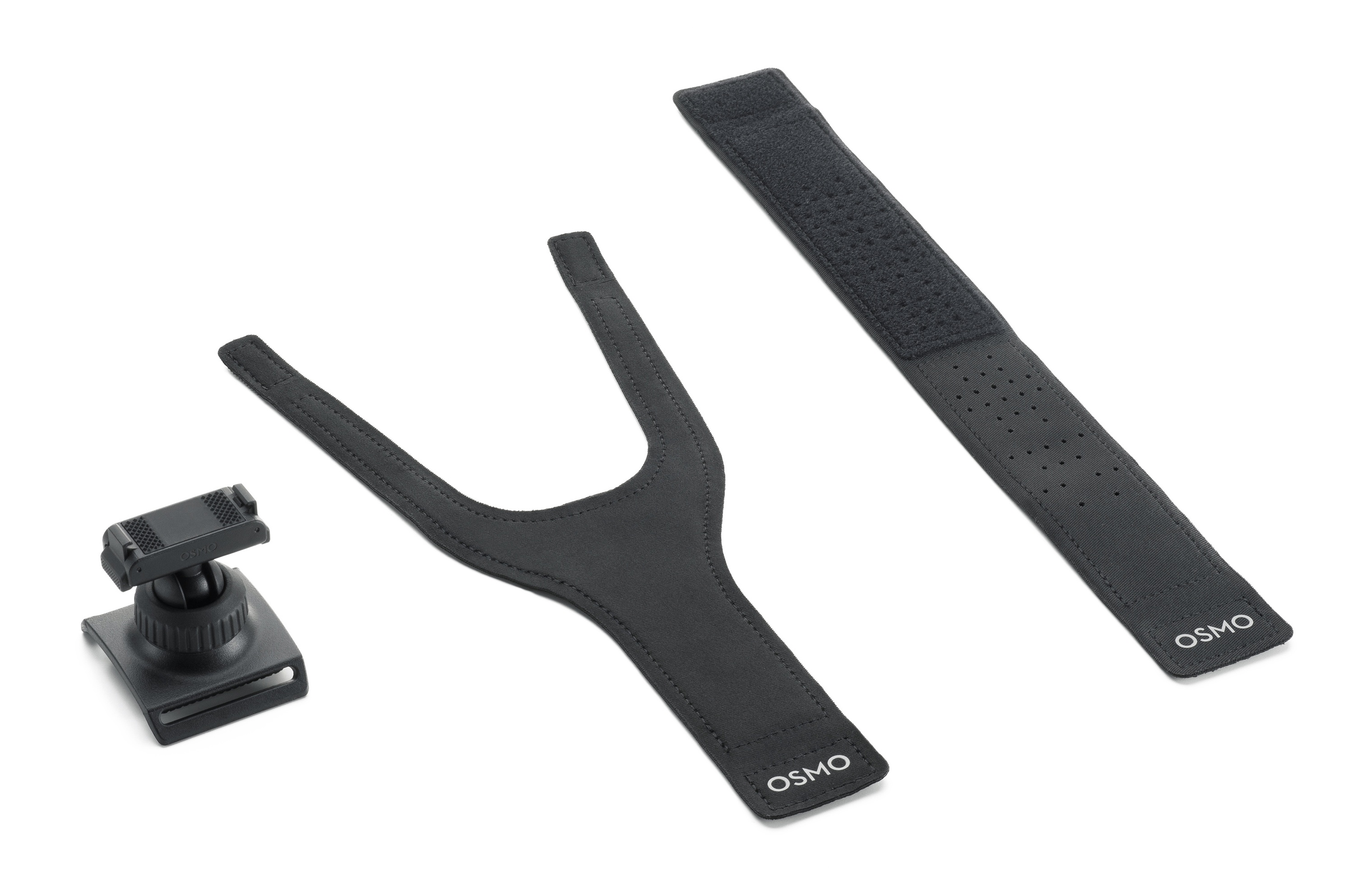 Czarne akcesoria Osmo na białym tle. Zawiera uchwyt, dwa paski i element w kształcie litery Y.