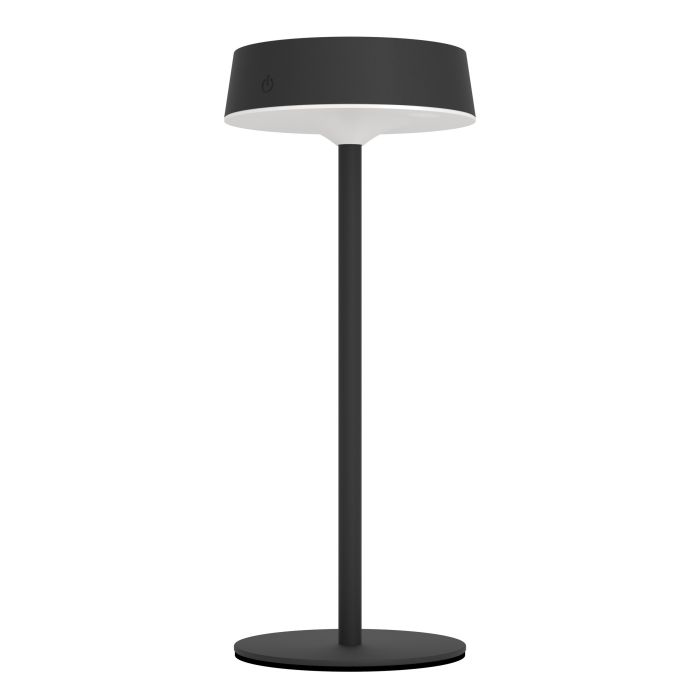 Eine schwarze Tischlampe mit rundem Lampenschirm und Fuß, verbunden durch einen schlanken Stiel. Oben befindet sich ein Ein-Aus-Symbol.