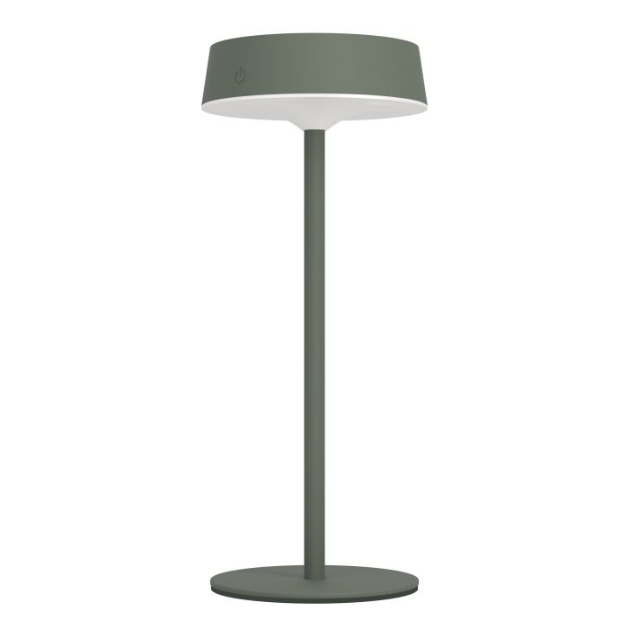 Eine moderne Lampe mit grünem Lampenschirm, weißem Rand und passendem Sockel. Sie hat ein Ein-/Aus-Symbol.