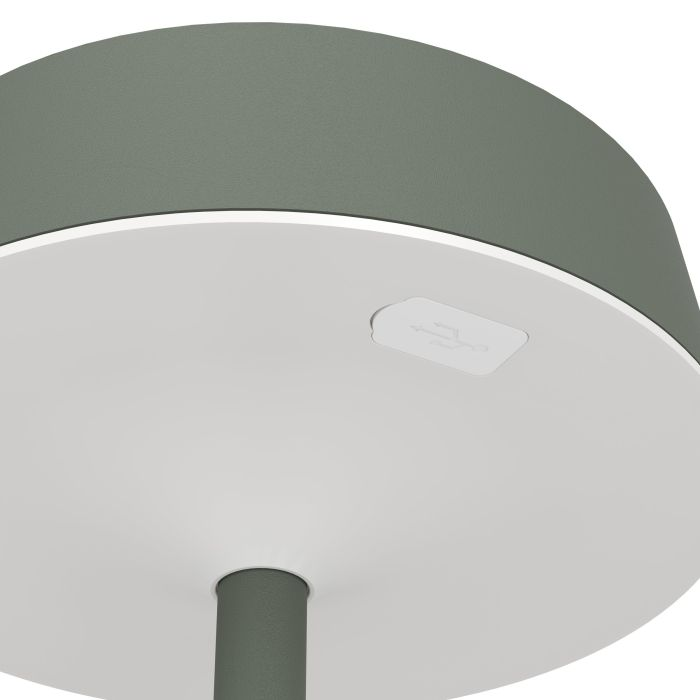 Nahaufnahme einer weißen und grünen Lampe. Ein USB-Anschlusssymbol ist vorhanden. Die Lampe ist kreisförmig mit grünem Oberteil und weißer Unterseite.