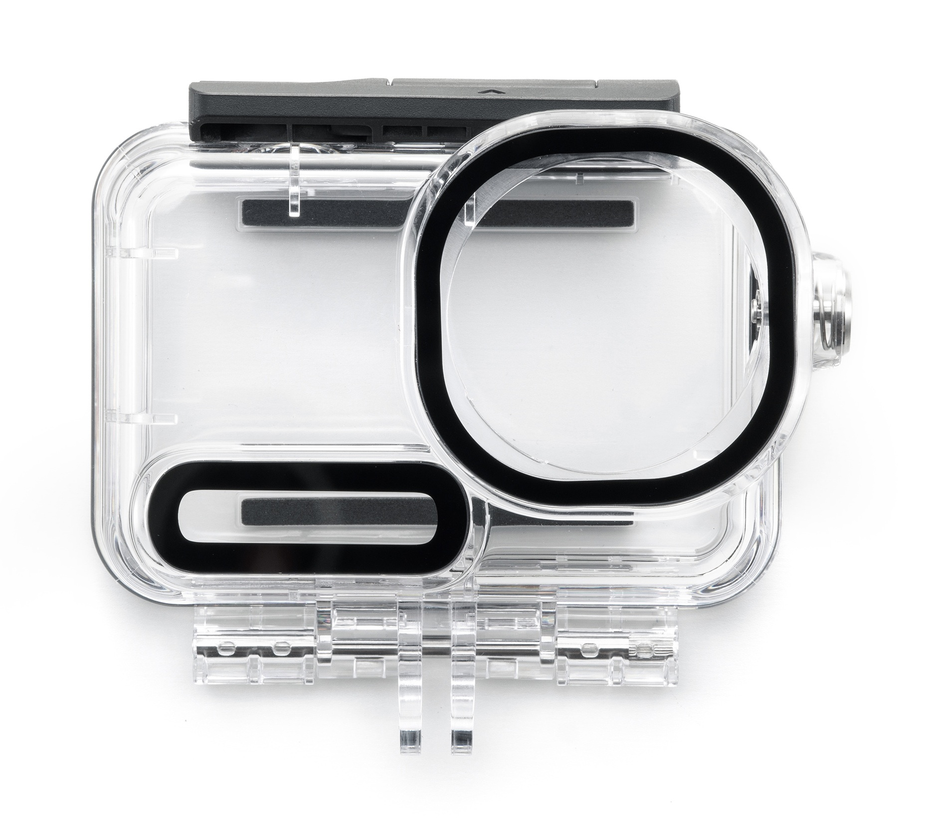 Przezroczysta, prostokątna obudowa kamery z czarnymi akcentami. Posiada port obiektywu i czarne zamknięcie.