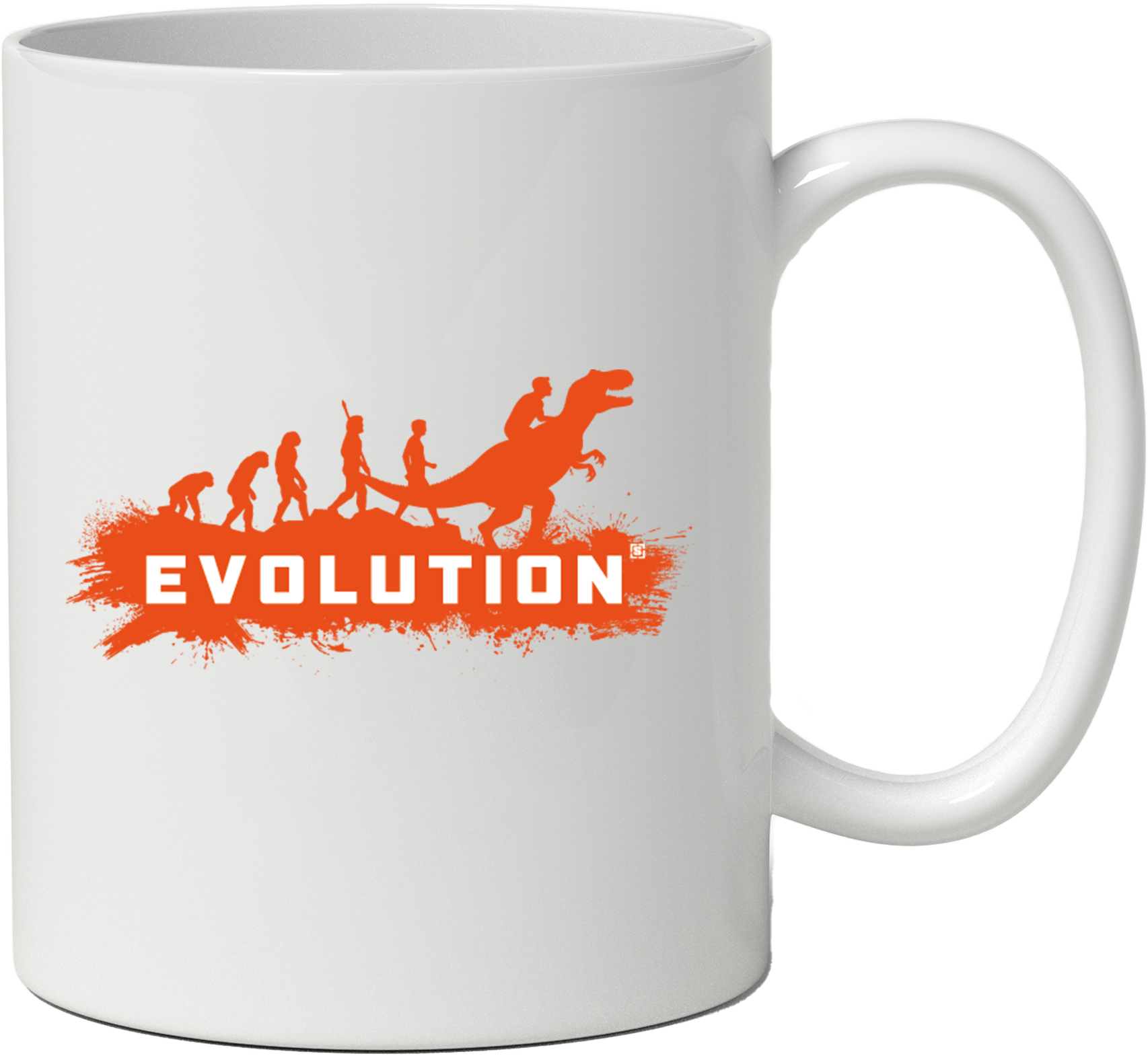 Fehér bögre narancssárga evolúciós grafikával. Figurákat mutat, amelyek egy T-Rexet lovagló személlyé fejlődnek.
