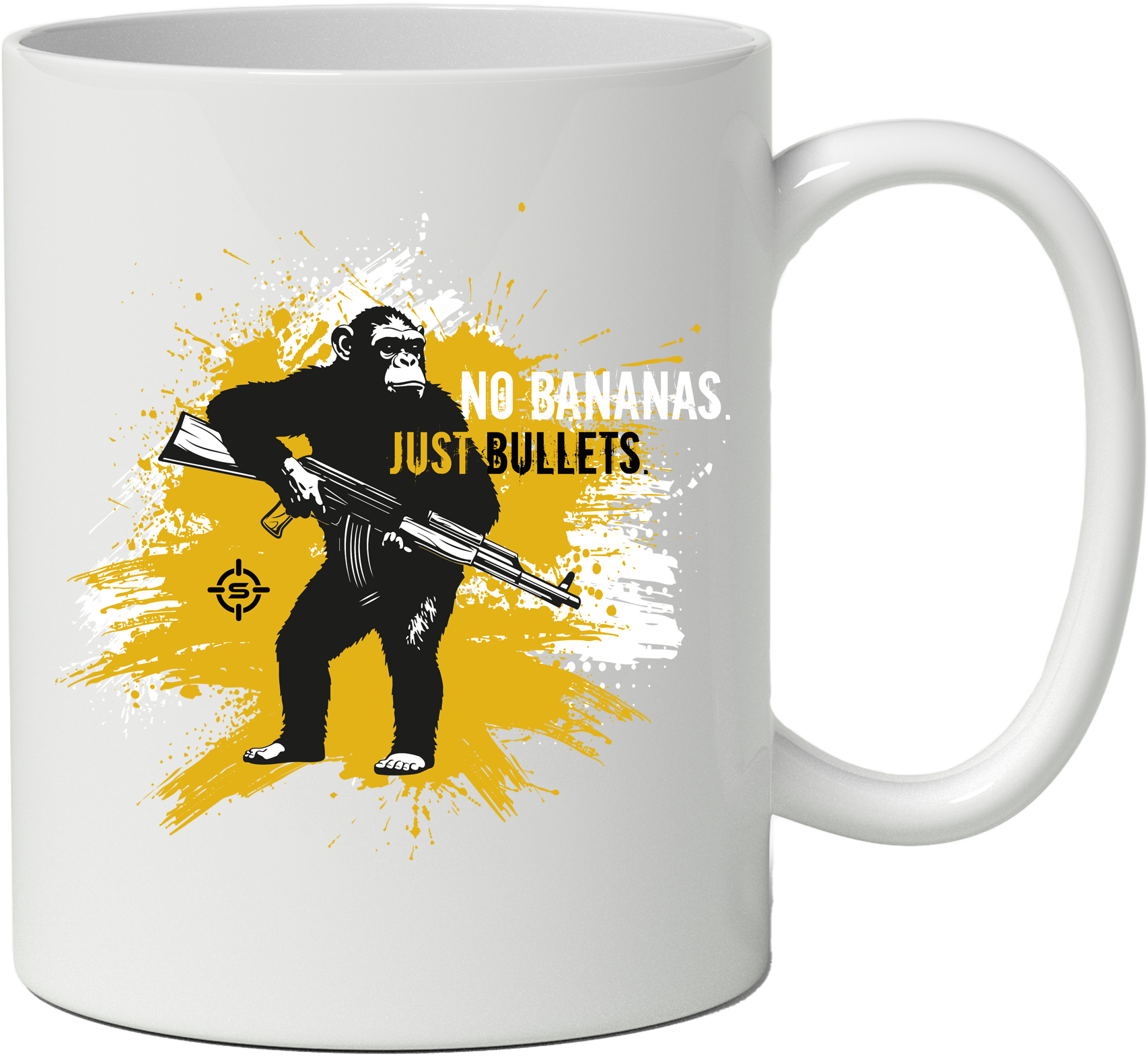 Fehér bögre, majommal, aki puskát tart. A szöveg: 'No Bananas, Just Bullets'.