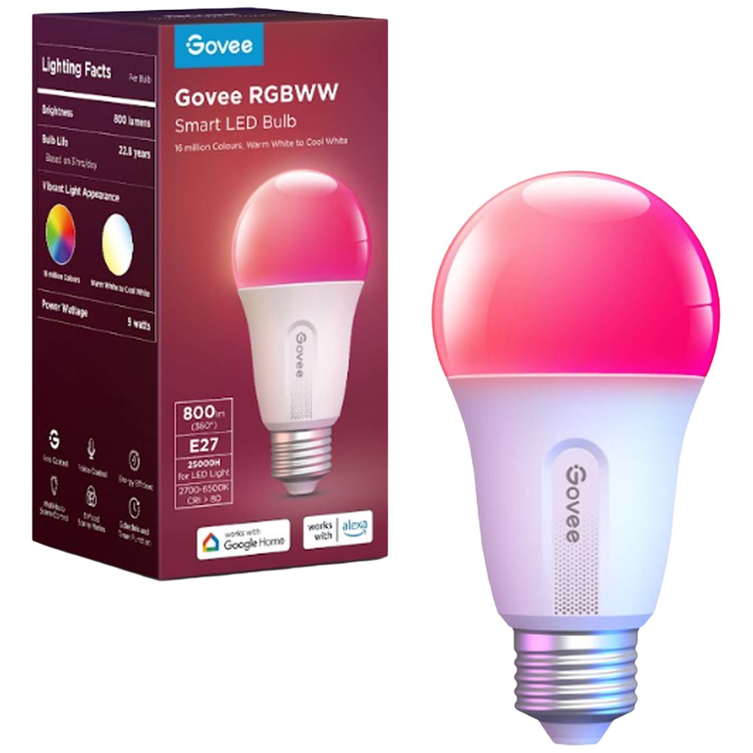 Een Govee RGBWW slimme LED-lamp met een roze bovenkant en witte basis. Links een doos met productinfo.