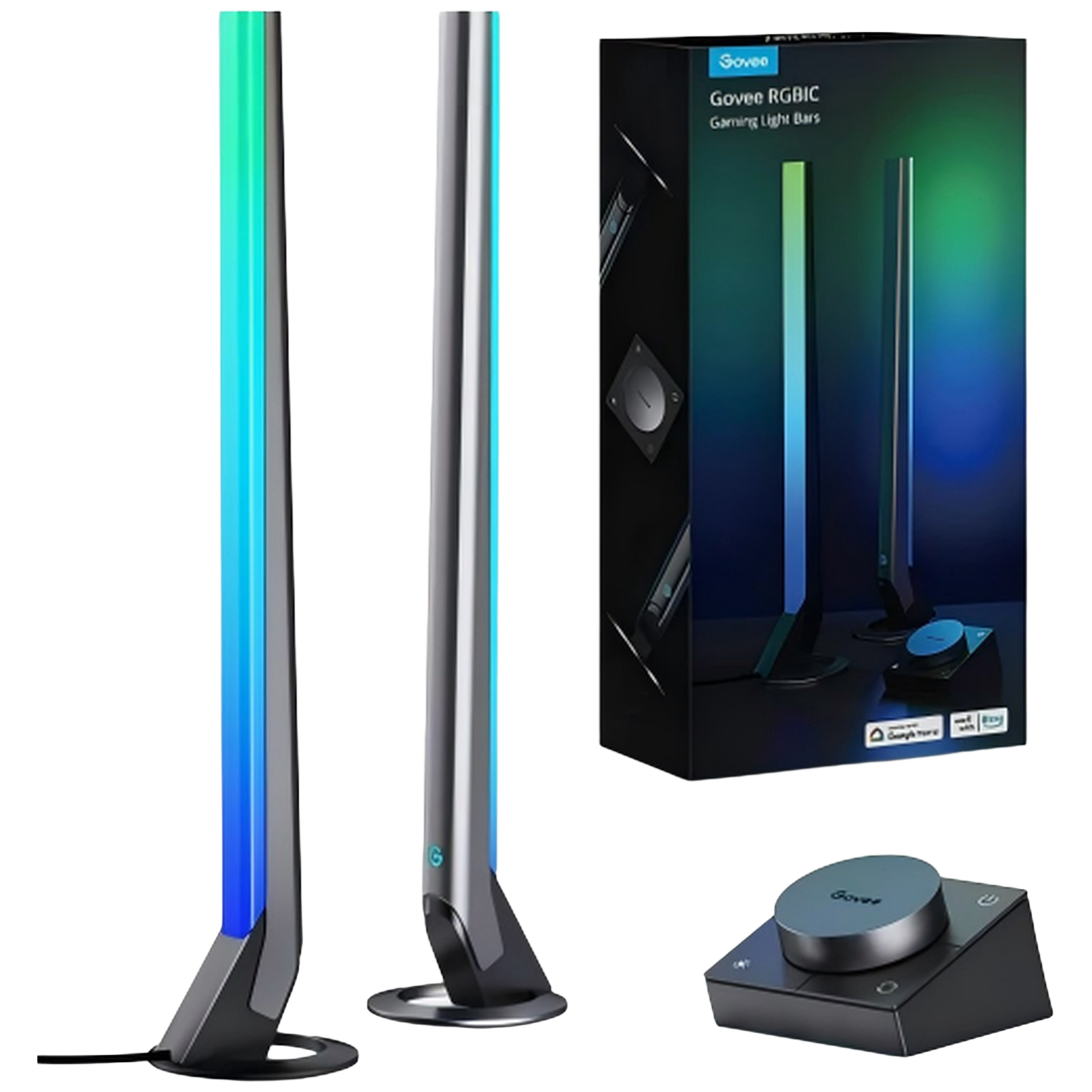 Govee RGBIC gaming light bars, doos en controller. Lichtbalken zijn zilver, met kleurrijke LED-gradiënten. Controller is zwart met een zilveren knop.