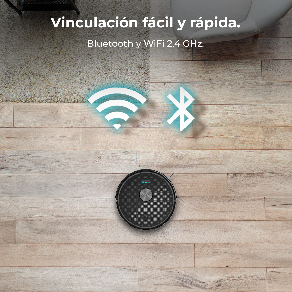 Una aspiradora robot negra en un suelo de madera. La imagen muestra símbolos WiFi y Bluetooth. El texto dice 'Conexión fácil y rápida'.