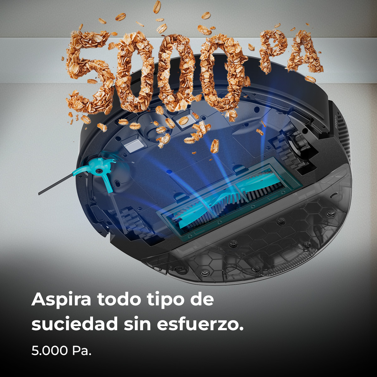 Una aspiradora robot con el número 5000 hecho de cereal encima. El texto dice que aspira toda la suciedad sin esfuerzo.