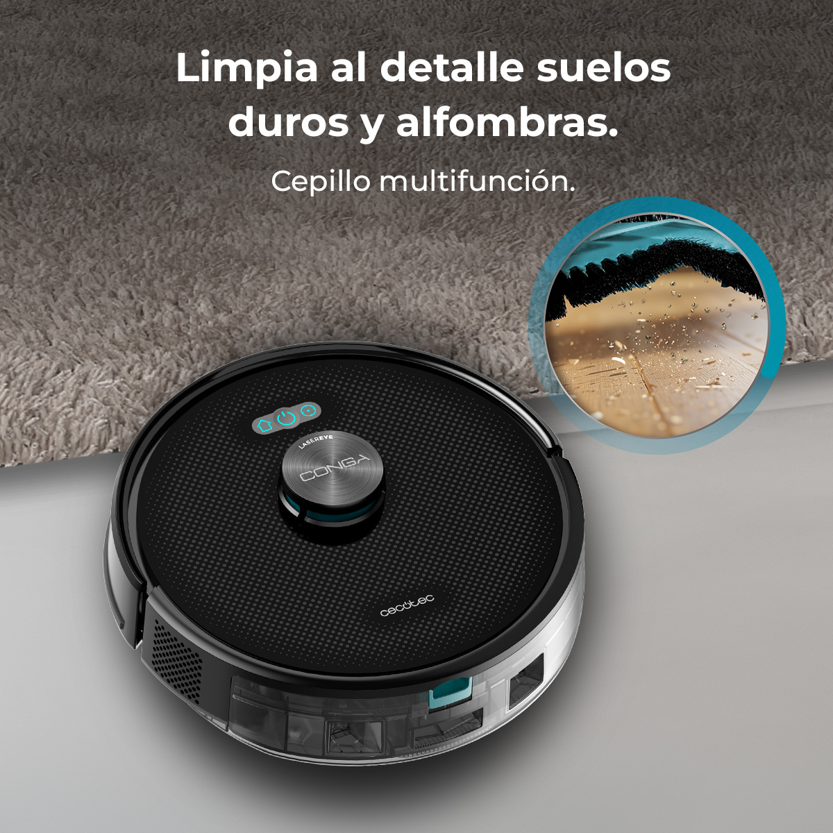 Una aspiradora robot negra y plateada sobre una superficie gris. La imagen muestra un cepillo limpiando un suelo de madera.