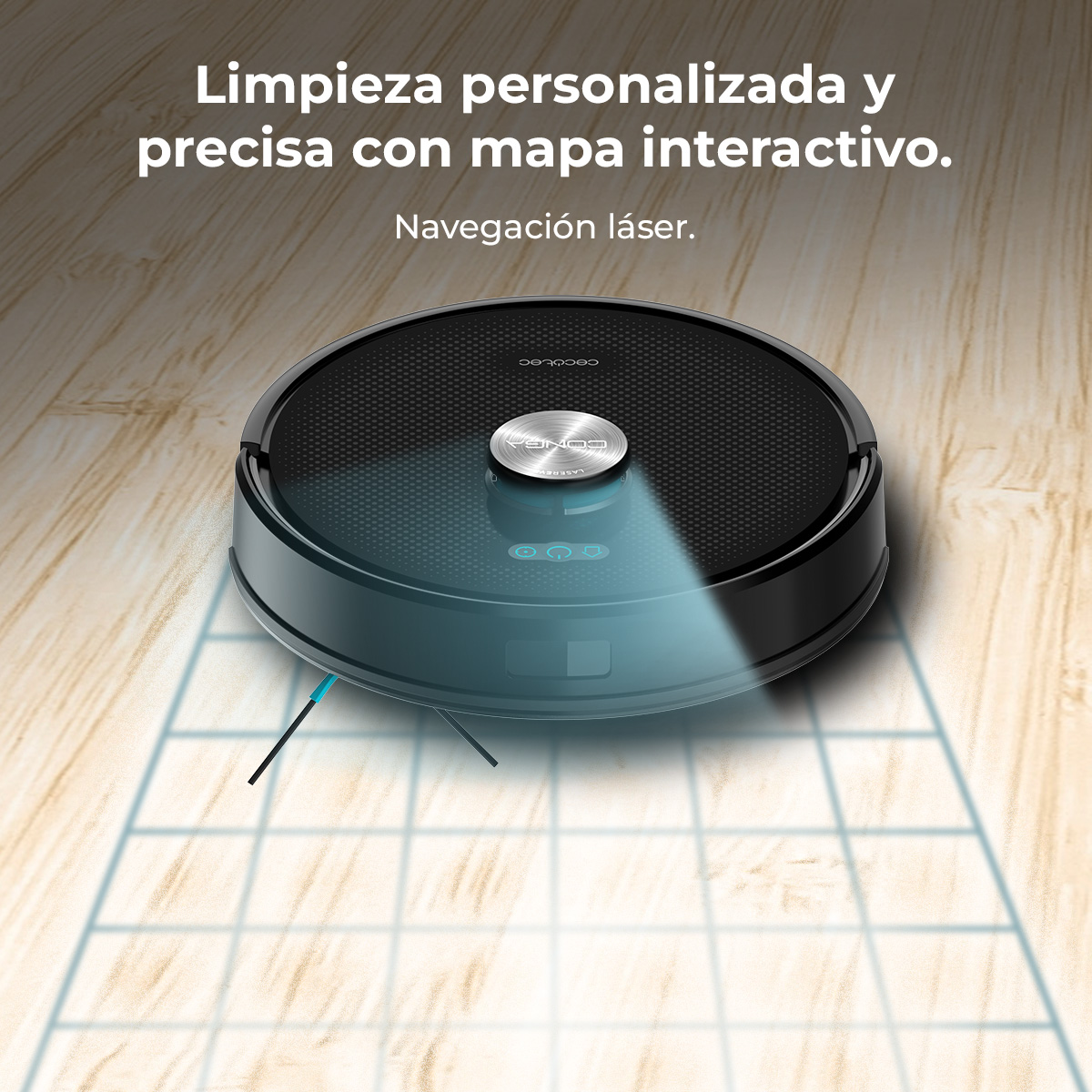 Un robot aspirador negro y plateado sobre un suelo de madera, con un patrón de cuadrícula. El texto superior dice 'limpieza personalizada'.