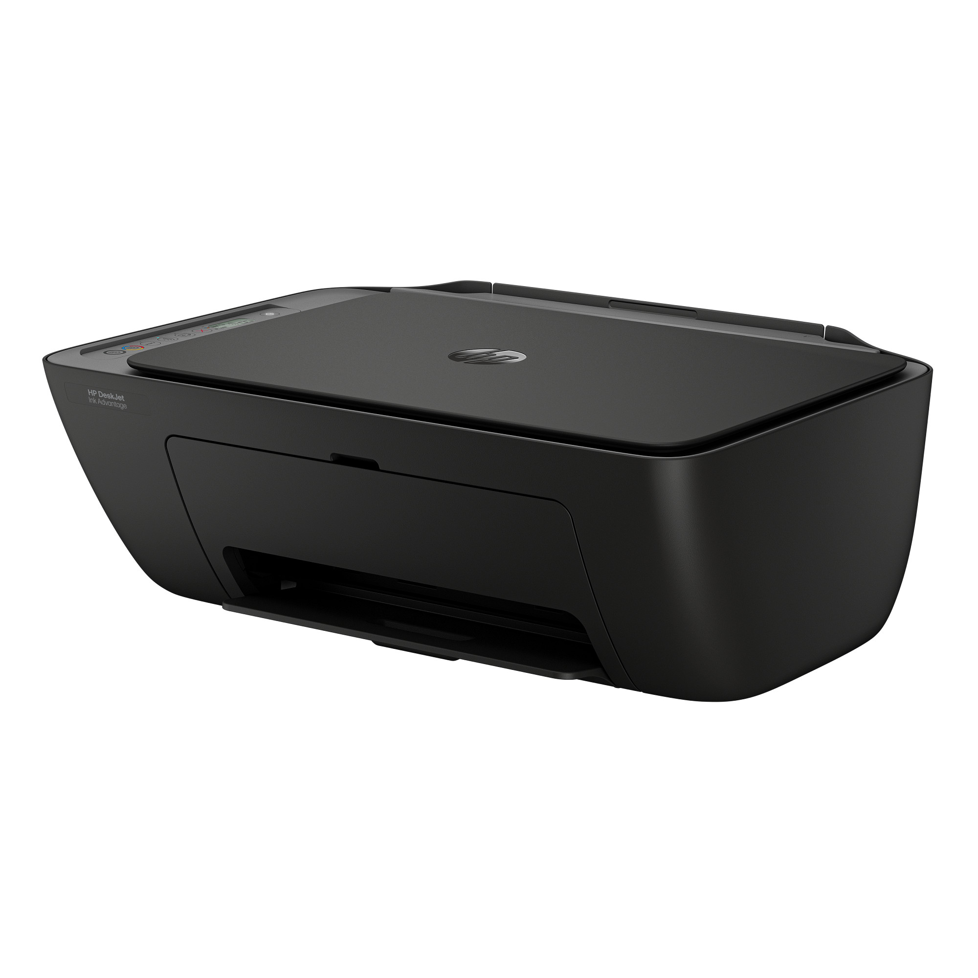 Beyaz zemin üzerinde siyah bir HP DeskJet yazıcı. HP logosu ile düz bir üst kısma sahiptir.