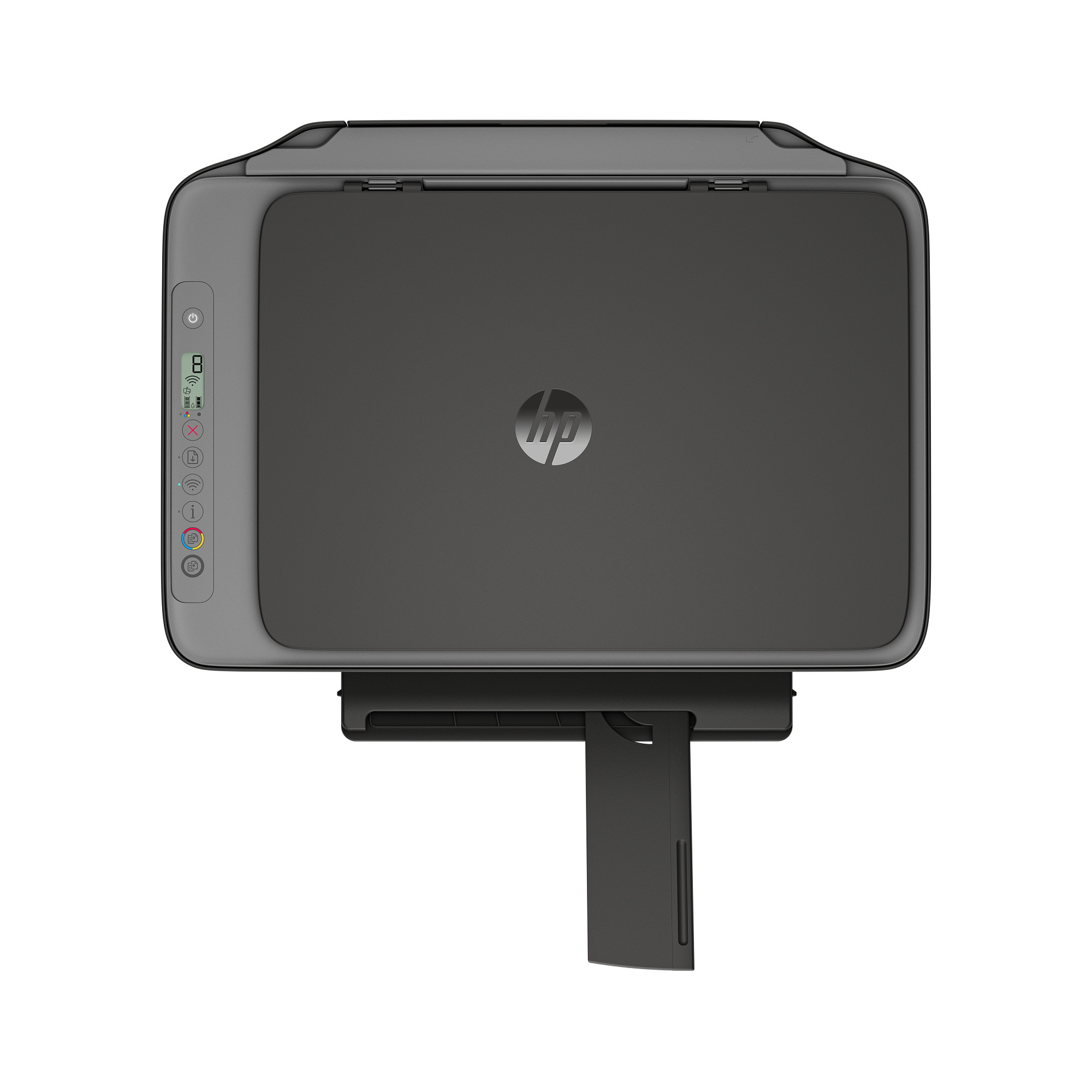 Siyah ve gri bir HP yazıcının üstten görünümü. Kağıt tepsisi uzatılmış. HP logosu görünür.