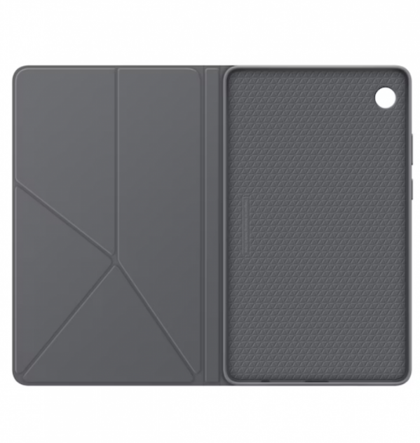 Nyitott tablet tok, szürke színű. A bal oldala össze van hajtva, a jobb oldal egy tablettartó. Belül háromszög minta van.