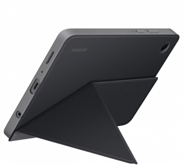 Egy Samsung tablet szürke tokban, összecsukható borítóval megtámasztva. A tablet fekete, látható Samsung logóval.