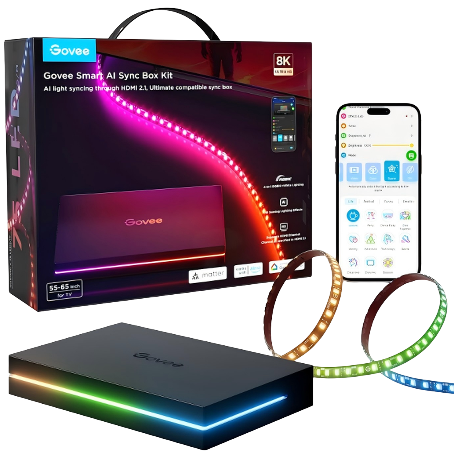 Kit Govee Smart AI Sync Box avec boîte, téléphone et bandes lumineuses. La boîte est noire. Le téléphone affiche le contrôle de l'application. Bandes de différentes couleurs.