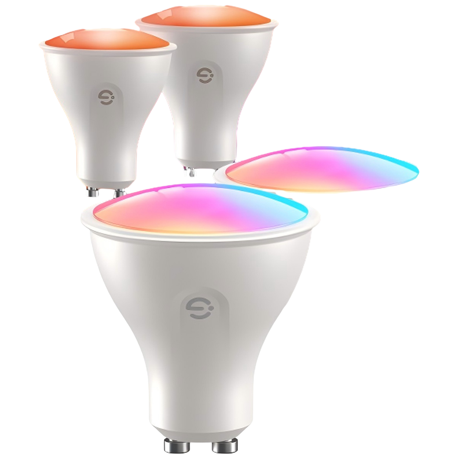 Vier slimme gloeilampen met kleurrijk licht. De lampen zijn wit en de lichten zijn oranje, roze, blauw en paars.