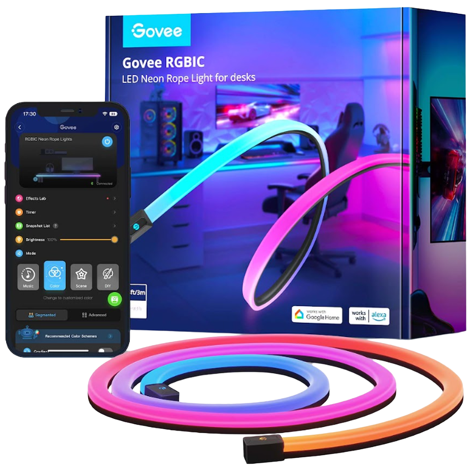 Lumière de corde au néon LED Govee RGBIC et téléphone avec application, affichant les options de couleur. Boîte en fond, lumière néon devant.