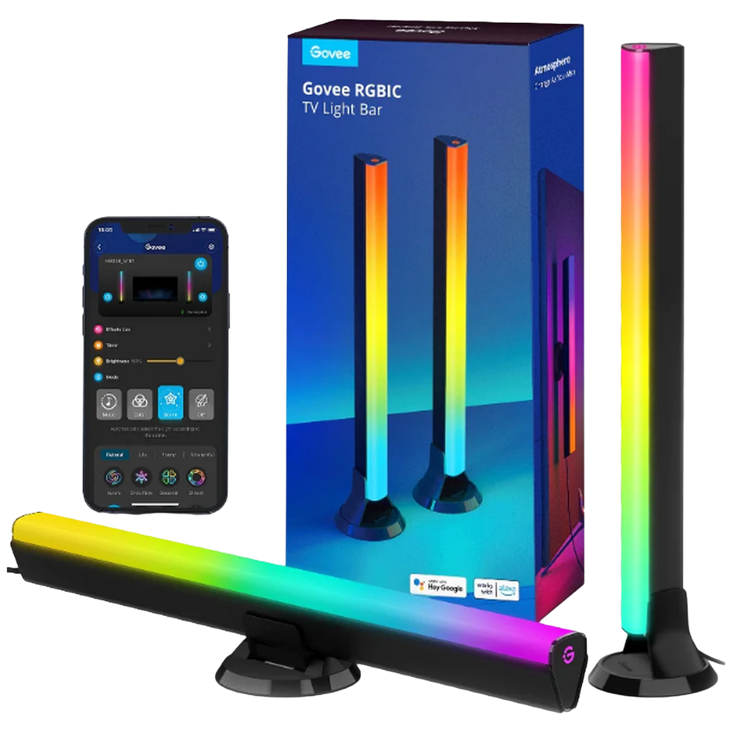 Ensemble de barres lumineuses Govee RGBIC TV, avec boîte, téléphone et trois lumières. Les lumières sont noires, avec des dégradés de couleurs. Le téléphone affiche l'interface de l'application.