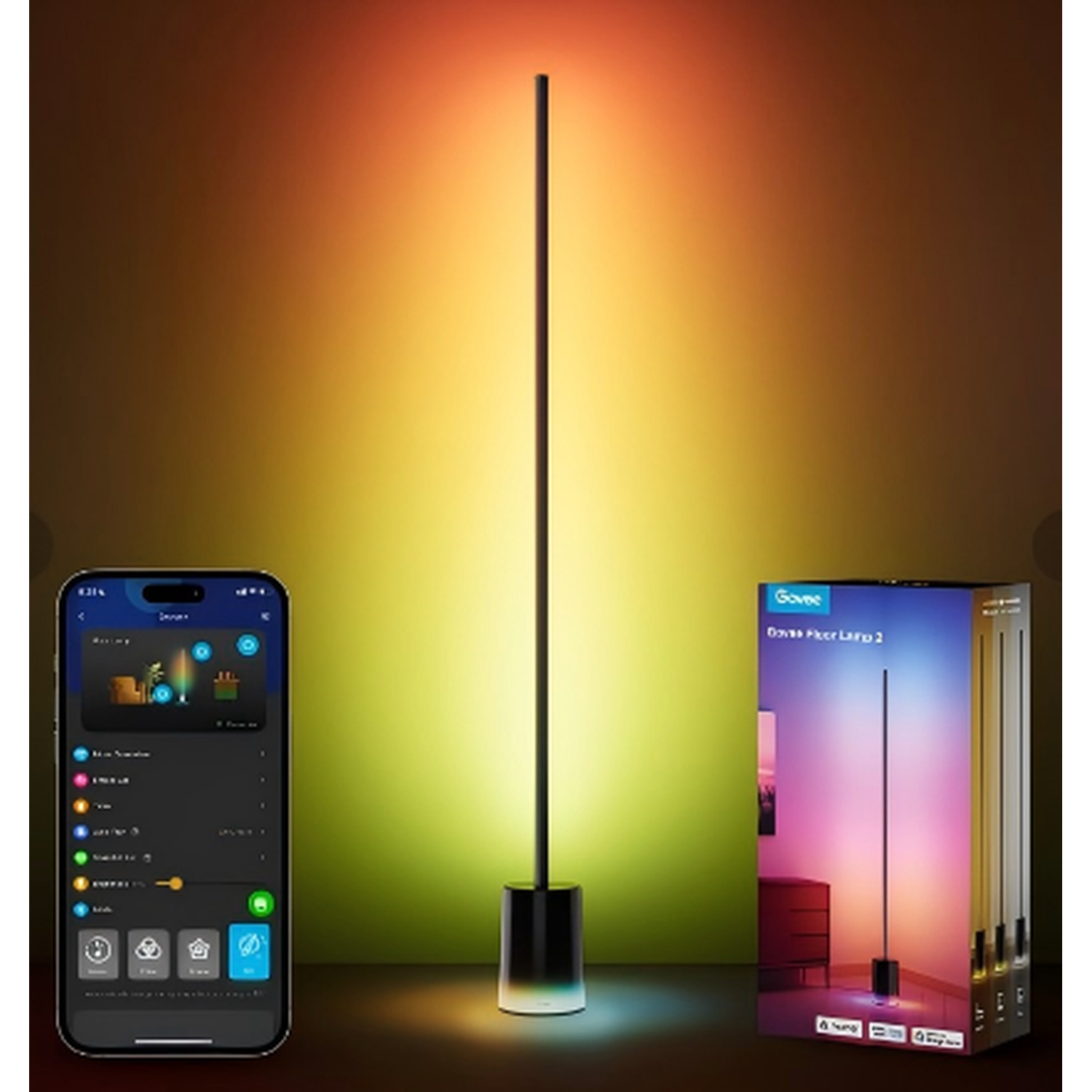 Un lampadaire intelligent se dresse à côté d'un téléphone affichant une interface d'application. Une boîte montre l'image de la lampe avec une lumière colorée.