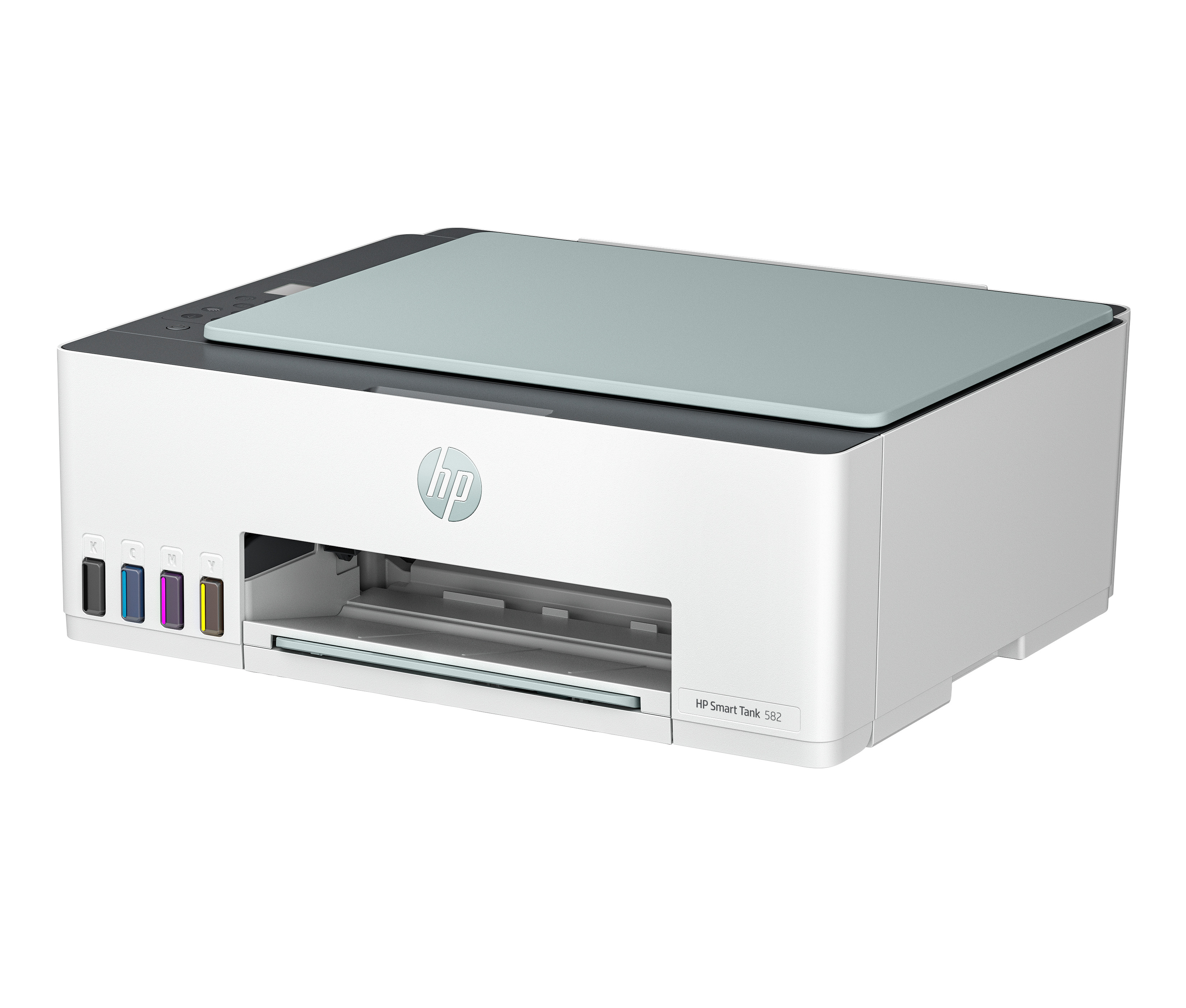 Gri üstlü ve renkli mürekkep kartuşlu beyaz bir HP Smart Tank 582 yazıcı.
