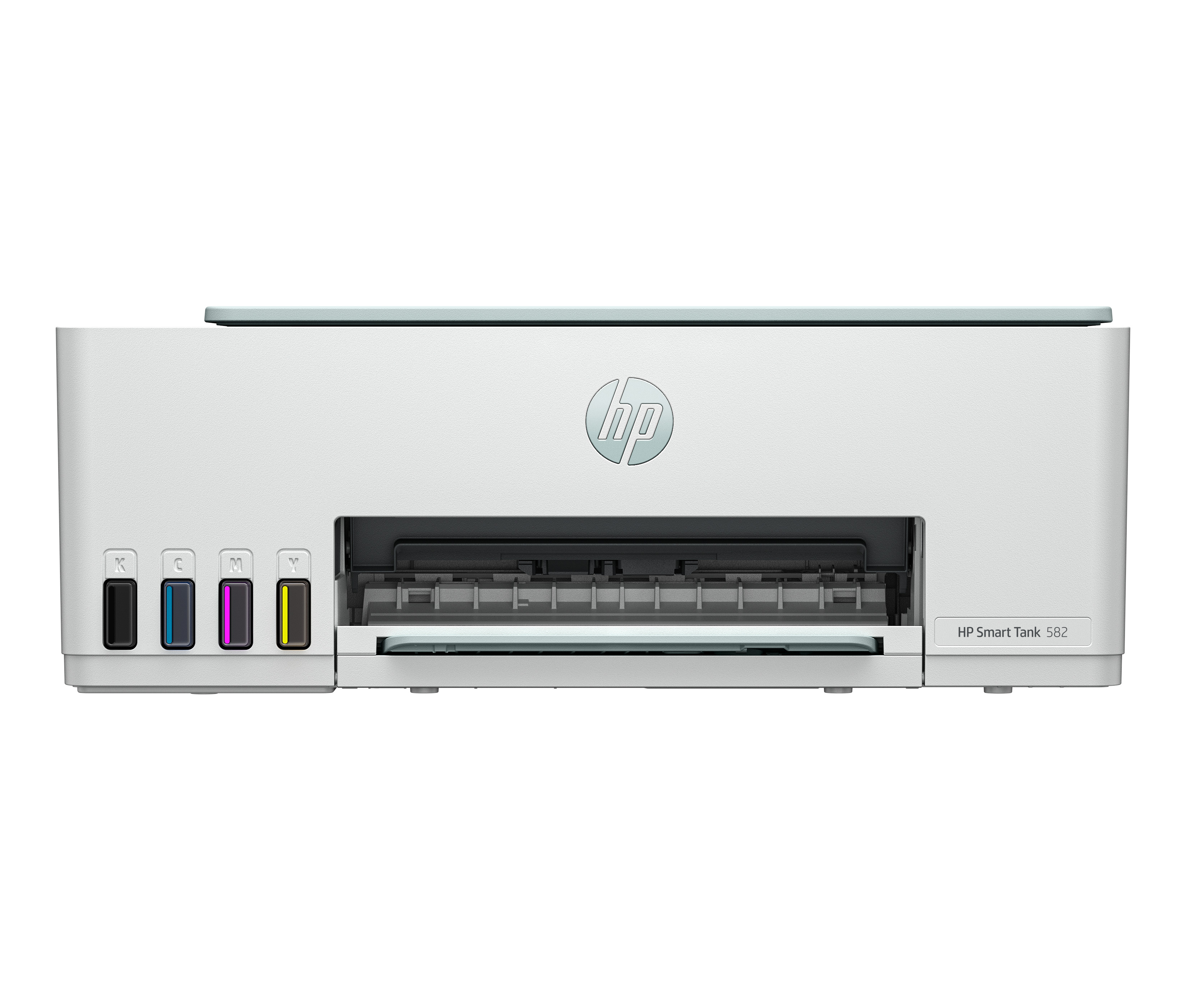 Beyaz bir HP Smart Tank 582 yazıcı gösteriliyor. HP logosu, mürekkep tankları ve bir kağıt çıkış tepsisi var.