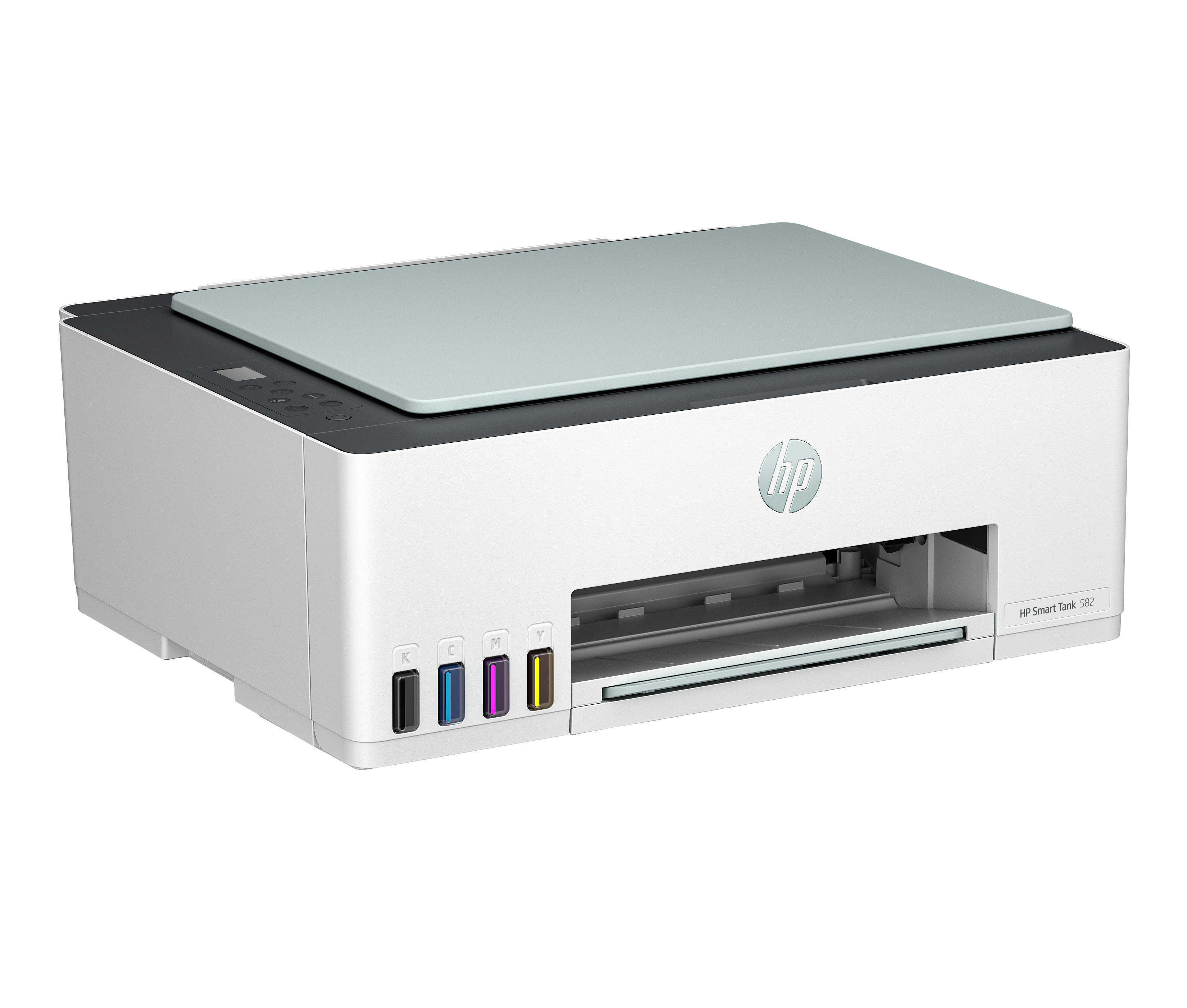Açık yeşil kapaklı beyaz bir HP Smart Tank 582 yazıcı. Mürekkep kartuşları görülebilir. HP logosu mevcut.