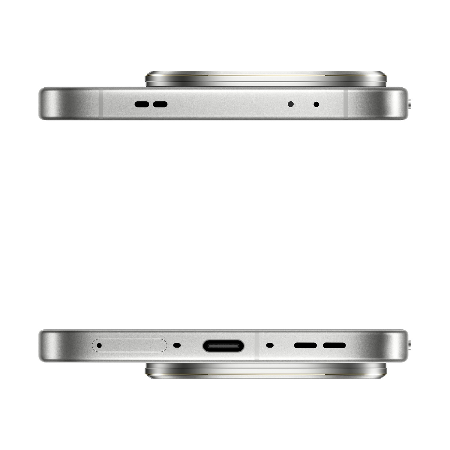 Viste superiore e inferiore di uno smartphone argentato. La parte superiore ha due piccoli fori. La parte inferiore ha una porta USB-C, un vassoio SIM e fori.