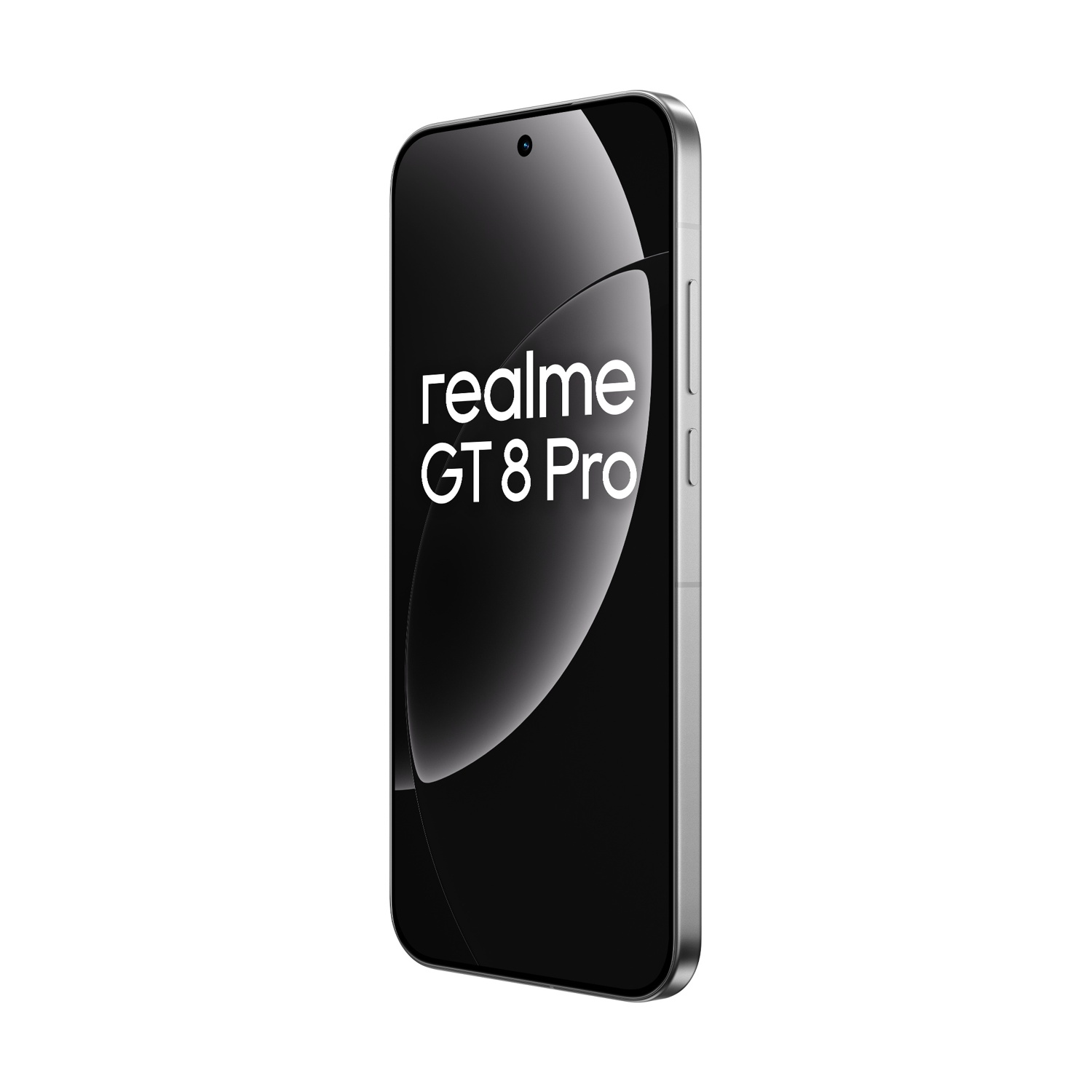 Viene mostrato uno smartphone argentato, Realme GT 8 Pro. Lo schermo è nero con testo bianco. È leggermente angolato verso destra su sfondo bianco.