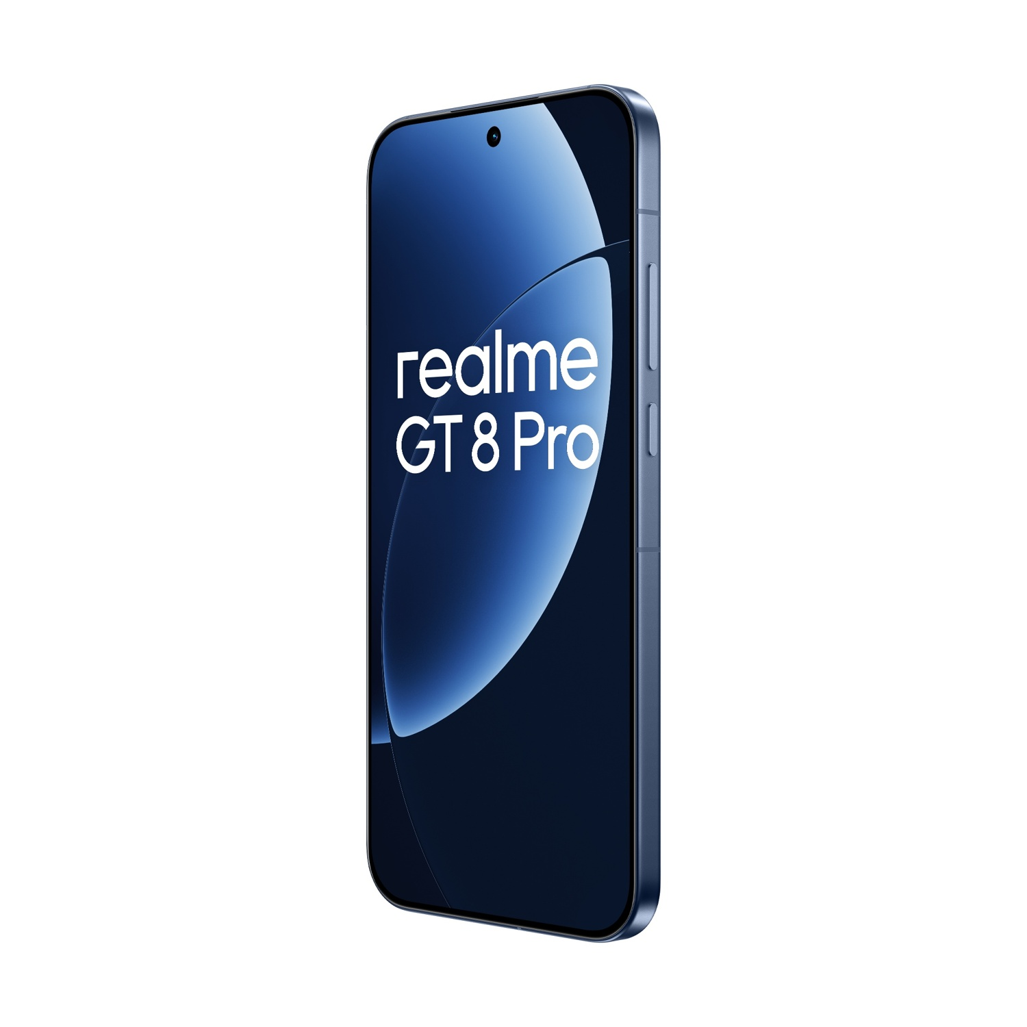 Uno smartphone Realme GT 8 Pro blu è mostrato in prospettiva, con lo schermo che mostra il nome del telefono. Lo sfondo è bianco.